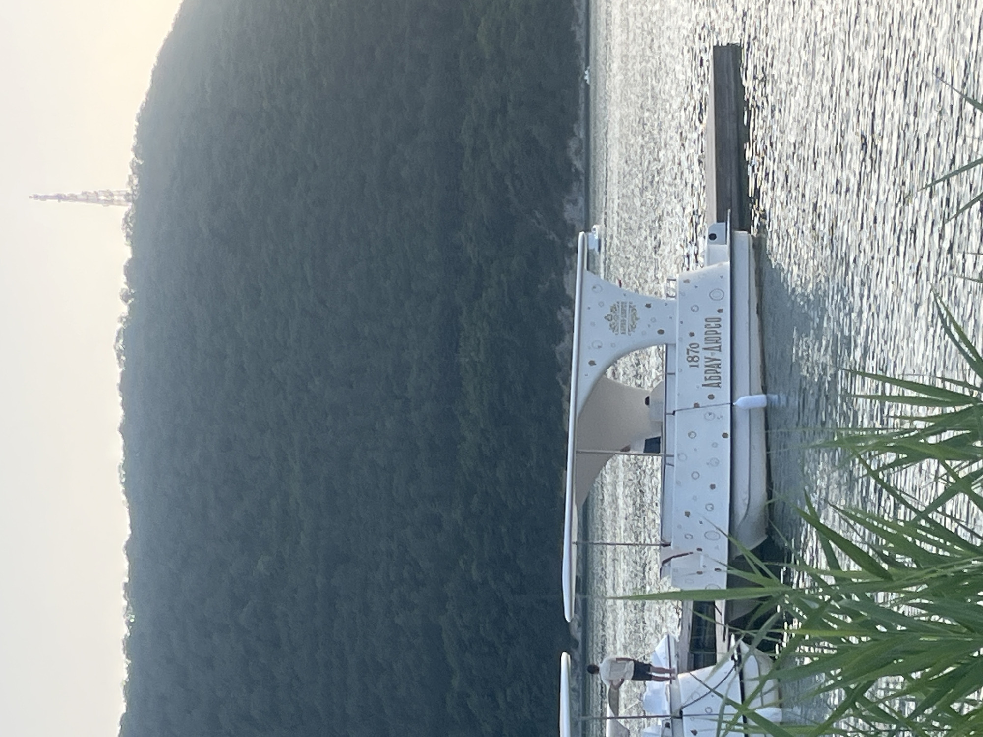 This image depicts a serene waterfront scene in Abrau-Dyurso, Russia. In the foreground, tall green grass sways gently, partially obscuring a view of the water. Moored to a wooden dock are several white boats, some with canopies. One boat, prominently featured, is adorned with a pattern of white stars and has Cyrillic text that appears to read "1870 АБРАУ-ДЮРСО". A person stands on the dock near one of the boats, looking out at the water. In the middle ground, the calm, rippling water reflects the soft light. The background is dominated by a lush, green, tree-covered hillside, sloping upwards towards the horizon. At the very top of the hill, a tall, slender telecommunications tower is visible against a pale sky, suggesting a human presence on the otherwise natural landscape. The overall atmosphere is peaceful and tranquil, indicative of a coastal or lakeside resort area.