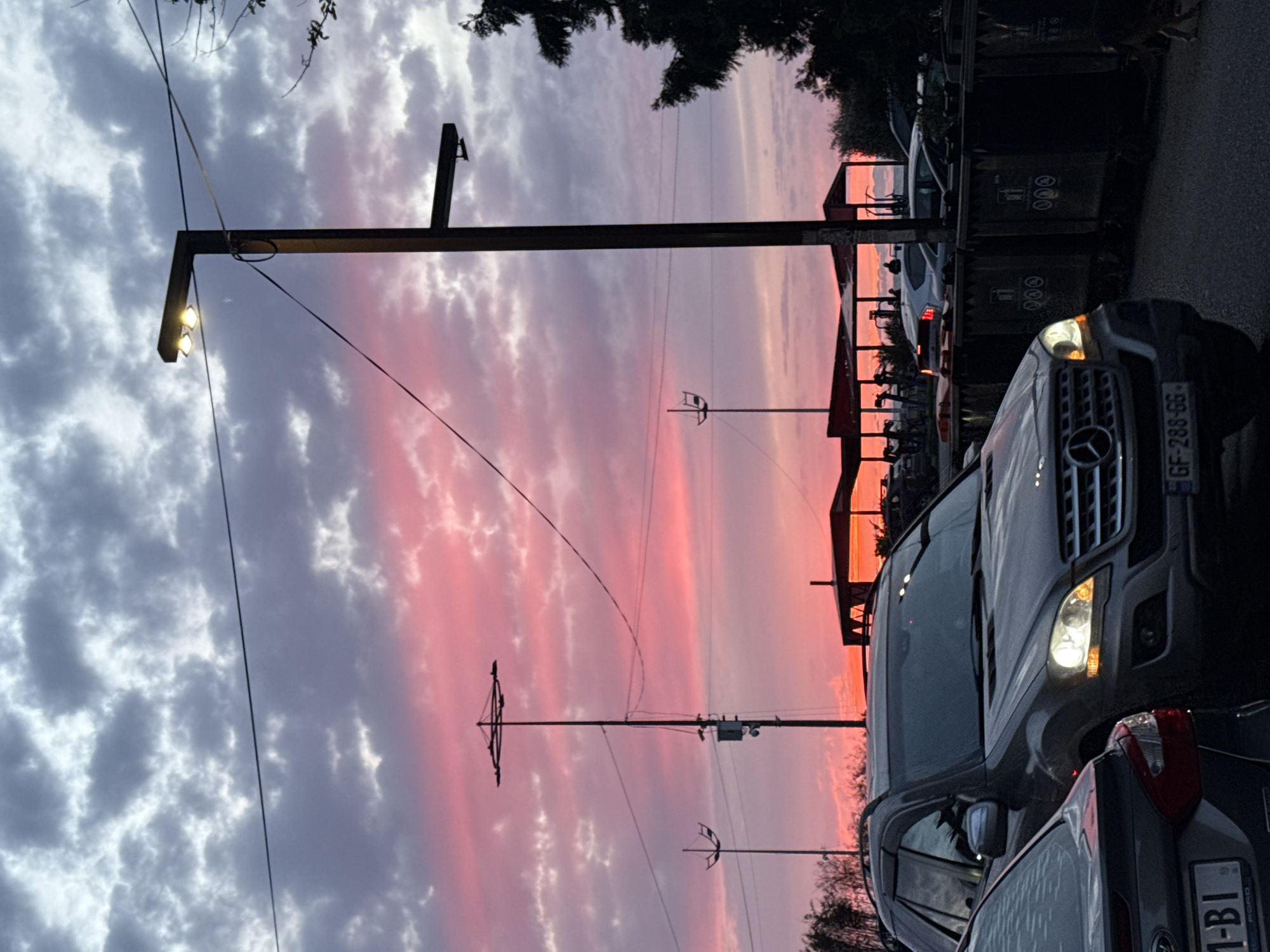 The image depicts a street scene in Batumi, Georgia at dusk. The sky is filled with streaks of pink and gray clouds. In the foreground, two cars are parked; one is a silver Mercedes with the license plate GF-288-GG, its headlights are on, and another car, partially visible, has a license plate ending in "-BI". A row of green garbage bins is visible behind the cars. Power lines and a street lamp extend across the sky. Buildings with distinctive architectural features are visible in the background.