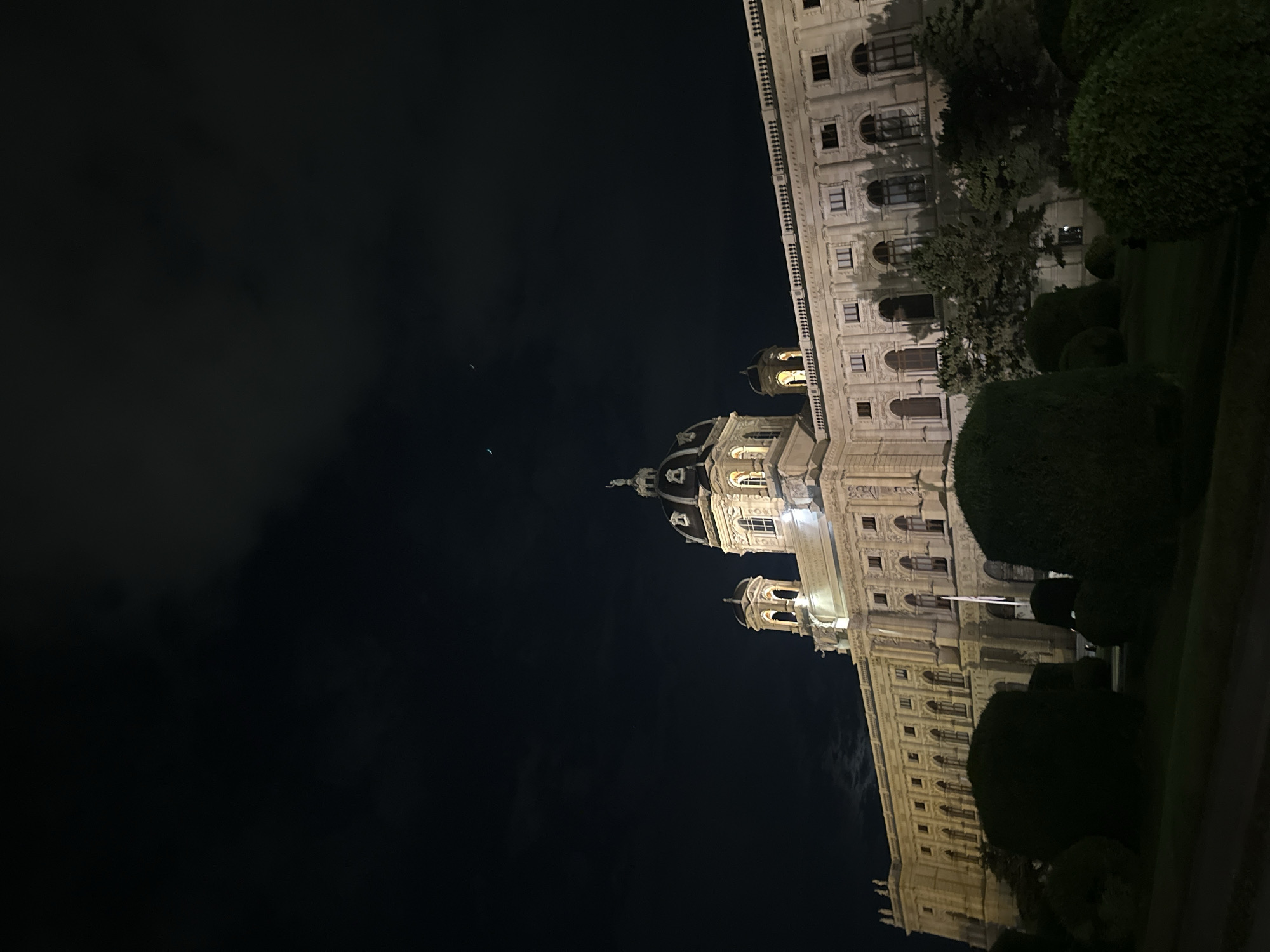 The image depicts the illuminated facade of the Naturhistorisches Museum (Natural History Museum) in Vienna, Austria, at night. The grand building, constructed in an eclectic style, features ornate architectural details, including columns, arched windows, and a prominent central dome topped with a statue. The museum is bathed in warm light, highlighting its neoclassical elements against a dark, cloudy night sky. In the foreground, manicured dark green bushes and trees form a stark contrast with the illuminated building, suggesting a park or garden setting. The sky contains faint celestial objects, possibly stars or the crescent moon. The overall scene conveys a sense of historical grandeur and nighttime tranquility.