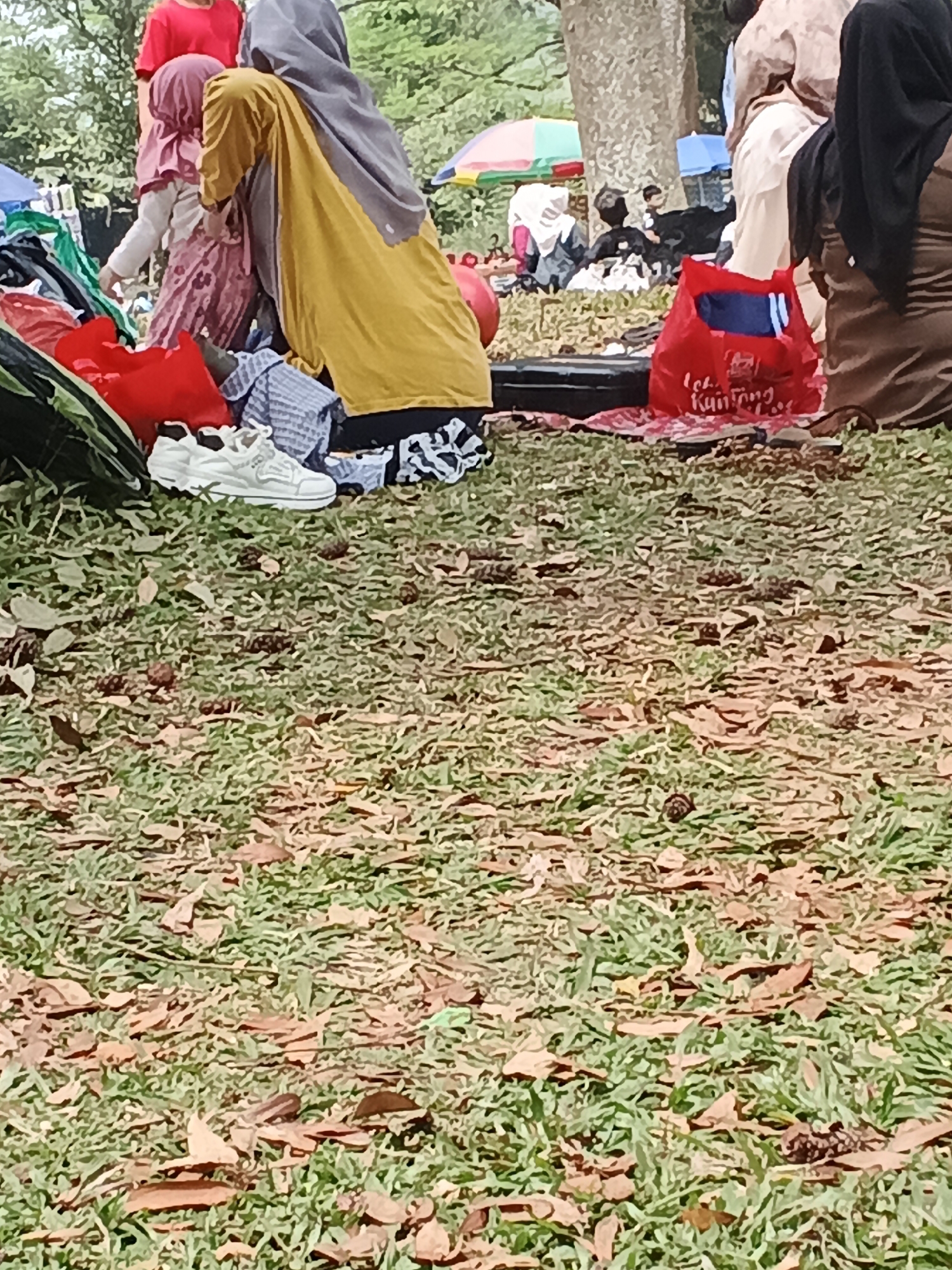 In the Perbawati city park, a group of people are gathered on a grassy area strewn with fallen leaves and pinecones. A person wearing a yellow top and grey hijab is seated. In front of them are white sneakers and a stack of clothes, including a red bag with writing that says "lek. Kuintong.". Behind this group, other individuals are visible, some sitting and others standing. Among the background elements are trees and a colorful umbrella. The scene appears to be a casual outdoor gathering or picnic.