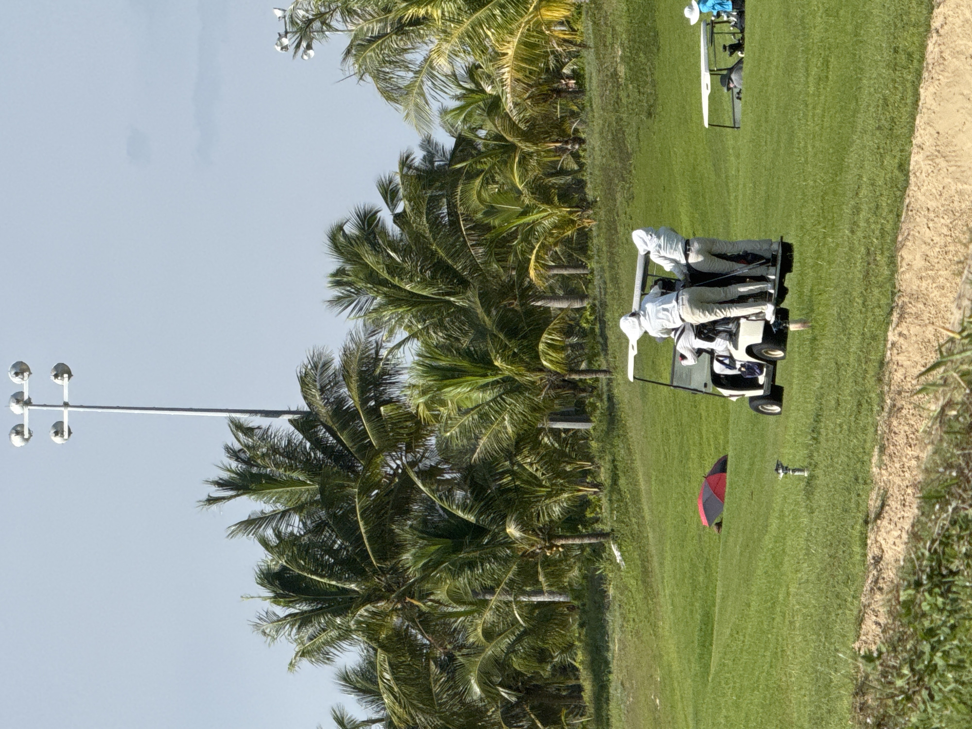 The image depicts a golf course in Phú Thủy, Vietnam, characterized by lush green fairways and numerous palm trees. In the foreground, a white golf cart is parked with two individuals, dressed in white hooded tops and light-colored pants, standing on the back. They appear to be golfers. Another golf cart is visible in the midground to the right, with at least two individuals inside. A red and black umbrella is positioned on the ground near a gentle slope between the two golf carts. In the background, a tall light post with four lamps is prominent against a pale blue sky. Several palm trees form a dense line across the midground, with more scattered throughout the scene. The overall environment suggests a sunny day on a tropical golf course.