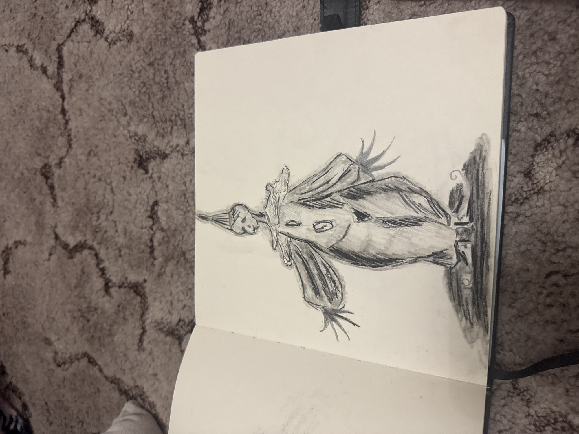 The image shows a sketch of a clown drawn in a sketchbook. The clown is depicted with a tall, pointed hat, a ruffled collar, and a costume with buttons down the front. Its arms are outstretched, and its fingers are thin and pointed. The drawing is done in a charcoal or pencil style, with shading used to create depth and form. The sketchbook is open, and the drawing is on the right-hand page. The background of the image is a textured carpet. There is no visible indication of the city of Yegorlykskaya, Russia.