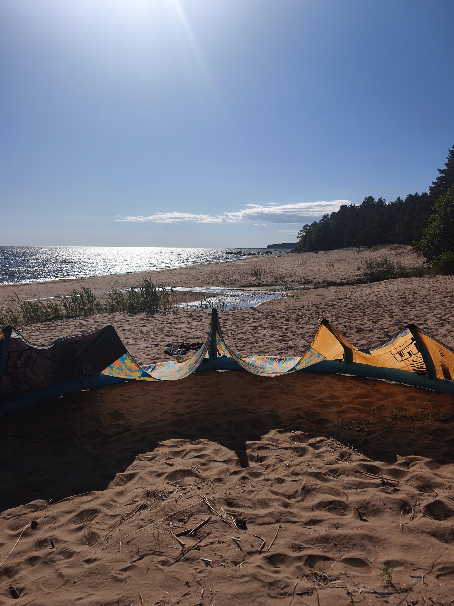 This media file captures a serene beach scene at Zelenaya Roshcha, Russia, on a bright, sunny day. The image is dominated by a wide expanse of sand in the foreground, with a colorful kite spread out on it, ready for use. The kite features a vibrant geometric pattern in shades of orange, yellow, blue, and green, with some black sections and visible text, though it is largely illegible.
Beyond the kite, the sandy beach stretches towards a calm body of water, likely the sea, reflecting the bright sunlight. A gentle shoreline is visible, with some patches of green grass and small trickles of water forming a stream-like feature. In the distance, a line of trees, predominantly pine, marks the edge of the coastline, adding a touch of natural beauty to the landscape. The sky above is a clear, brilliant blue, with a few wispy clouds scattered near the horizon, and the sun's rays are strong, suggesting it is midday or early afternoon.
The overall mood of the image is peaceful and tranquil, evoking a sense of outdoor recreation and relaxation. The presence of the kite hints at activities like kitesurfing or kiteboarding, suggesting a recreational or sporting context. There are a few indistinct figures visible in the distance along the beach, adding a subtle human element to the otherwise quiet landscape. The sunlight casts distinct shadows on the sand, further emphasizing the time of day.