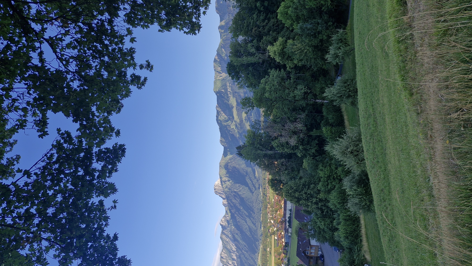 This media file depicts a scenic mountain landscape under a clear blue sky, likely taken during the daytime given the bright lighting. The scene is vertically oriented, creating a sense of looking up towards the mountains and sky, with a grassy field in the foreground.
The main subjects include a prominent mountain range that stretches across the frame, displaying rugged terrain and varying shades of green and brown. Several trees with dense green foliage are visible, framing the left side of the image and also bordering the middle ground. In the middle distance, nestled at the foot of the mountains, is a small village or town with houses featuring red-tiled roofs. The foreground is dominated by a sloping grassy field, transitioning to taller, dry grass on the right edge of the frame.
There are no visible people or specific objects that suggest a particular activity or event. The overall mood is peaceful and serene, highlighting the natural beauty of the location. The time of day appears to be either morning or afternoon due to the bright, even lighting and the clear sky. The presence of a village at the base of the mountains suggests a rural or mountainous region, possibly in Europe given the architecture. No text is visible in the image.