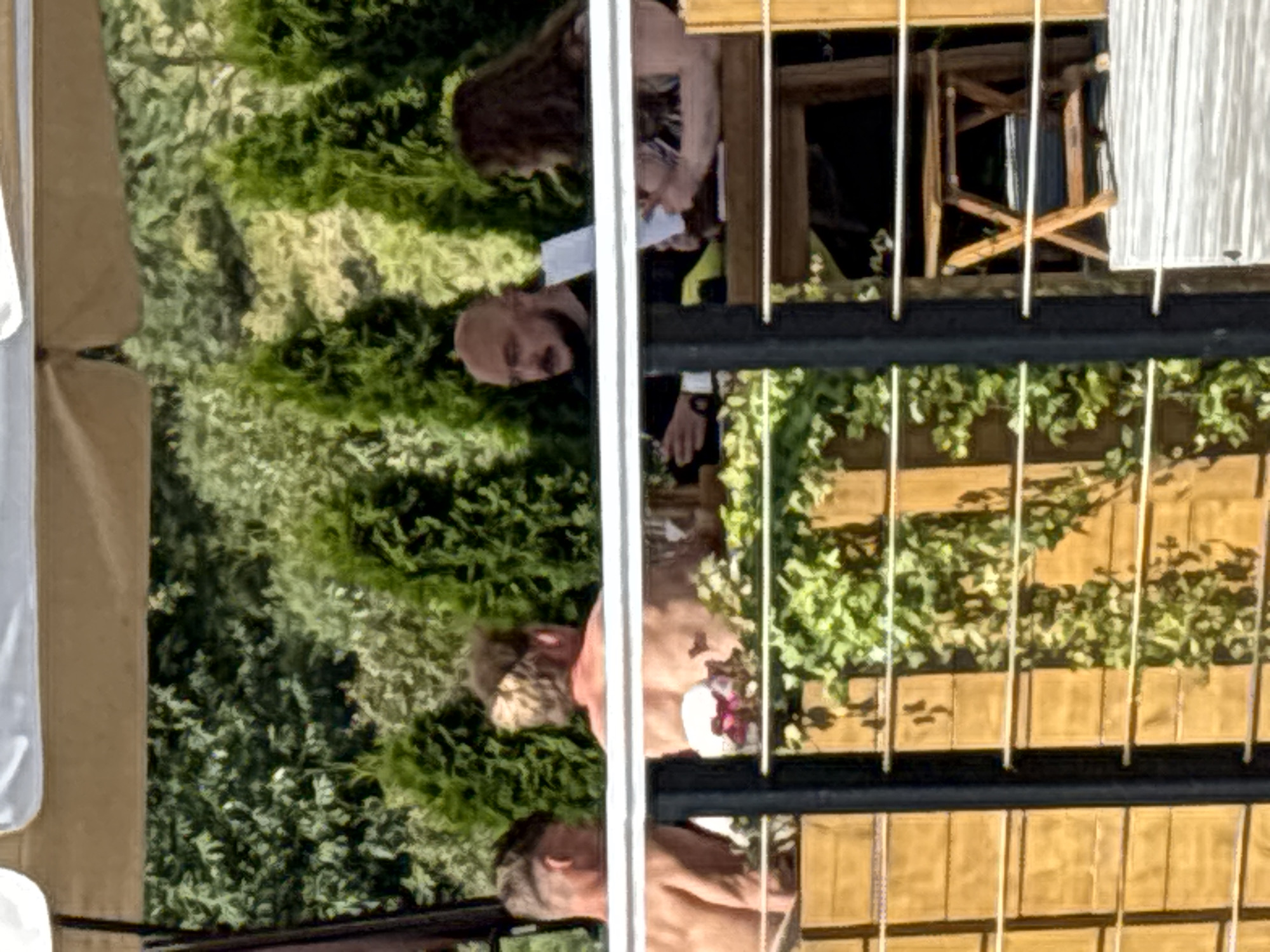 Four individuals are seated at a wooden table under an awning, outdoors. On the left, two shirtless men are visible from the back, facing away from the camera. The man closest to the camera has short, styled brown hair. The man next to him has lighter, spiky hair. In the center, a bald man with a mustache and beard is seated, wearing a dark jacket. He is holding a glass in his left hand and looking towards the right. To his right, a woman with long, wavy brown hair is seated, also facing towards the right. She is holding papers in her hands. The table is set with various items, including papers and a glass. Behind the table, a dense green hedge is visible. The area appears to be a terrace or outdoor dining area. The location is Zvenigorod, Russia.