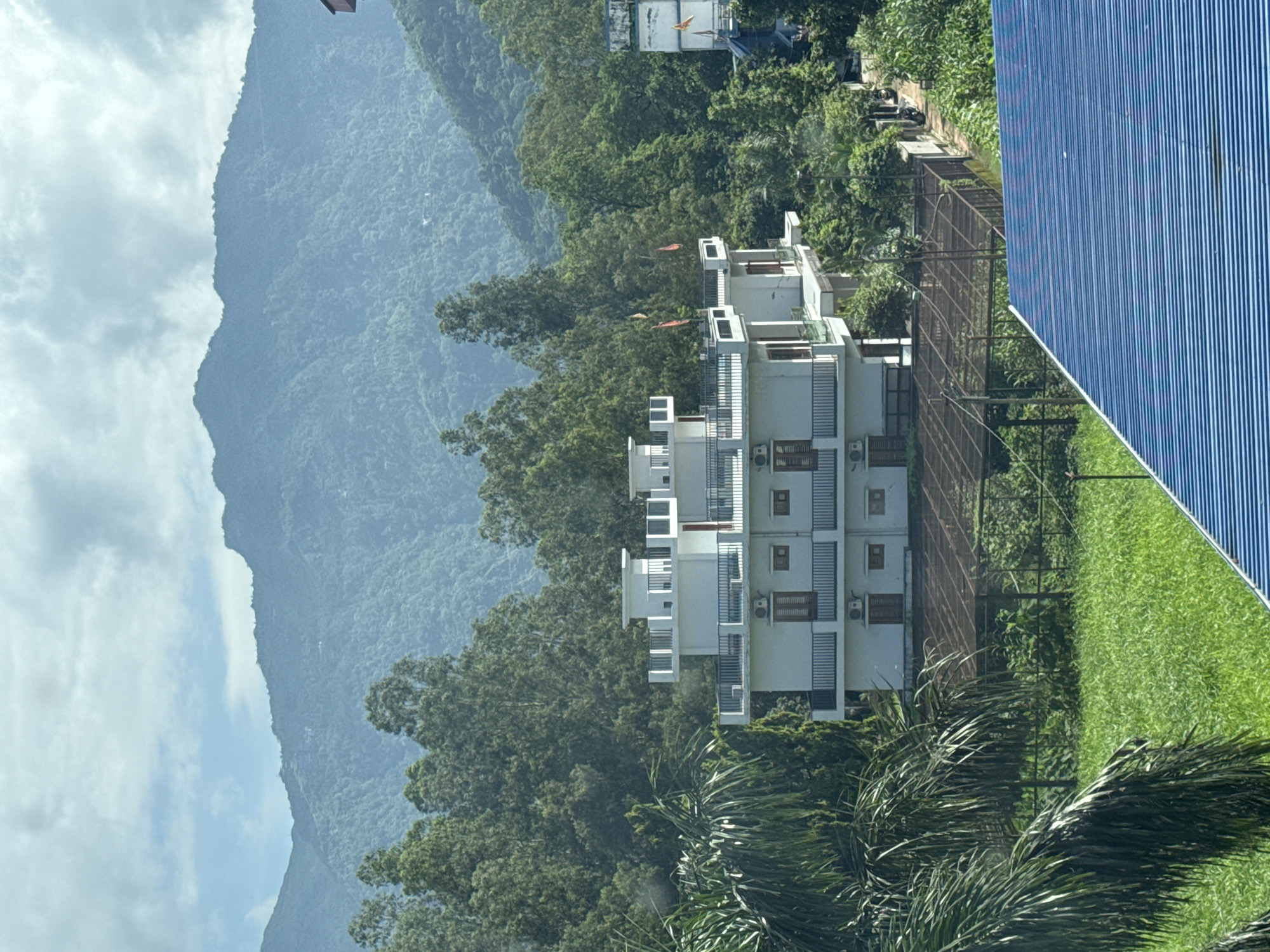 In Rishikesh, India, a multi-story white building with balconies and dark-framed windows is situated amidst lush green trees and rolling, mist-covered mountains under a cloudy sky. Several small flags, red and yellow, are visible on the building's upper floors. In the foreground, a portion of a blue corrugated roof is visible. To the left, a large palm frond partially obstructs the view of the building and the surrounding greenery. A fenced enclosure with a metal roof structure is located behind the building. The scene is bathed in natural light, suggesting daytime.