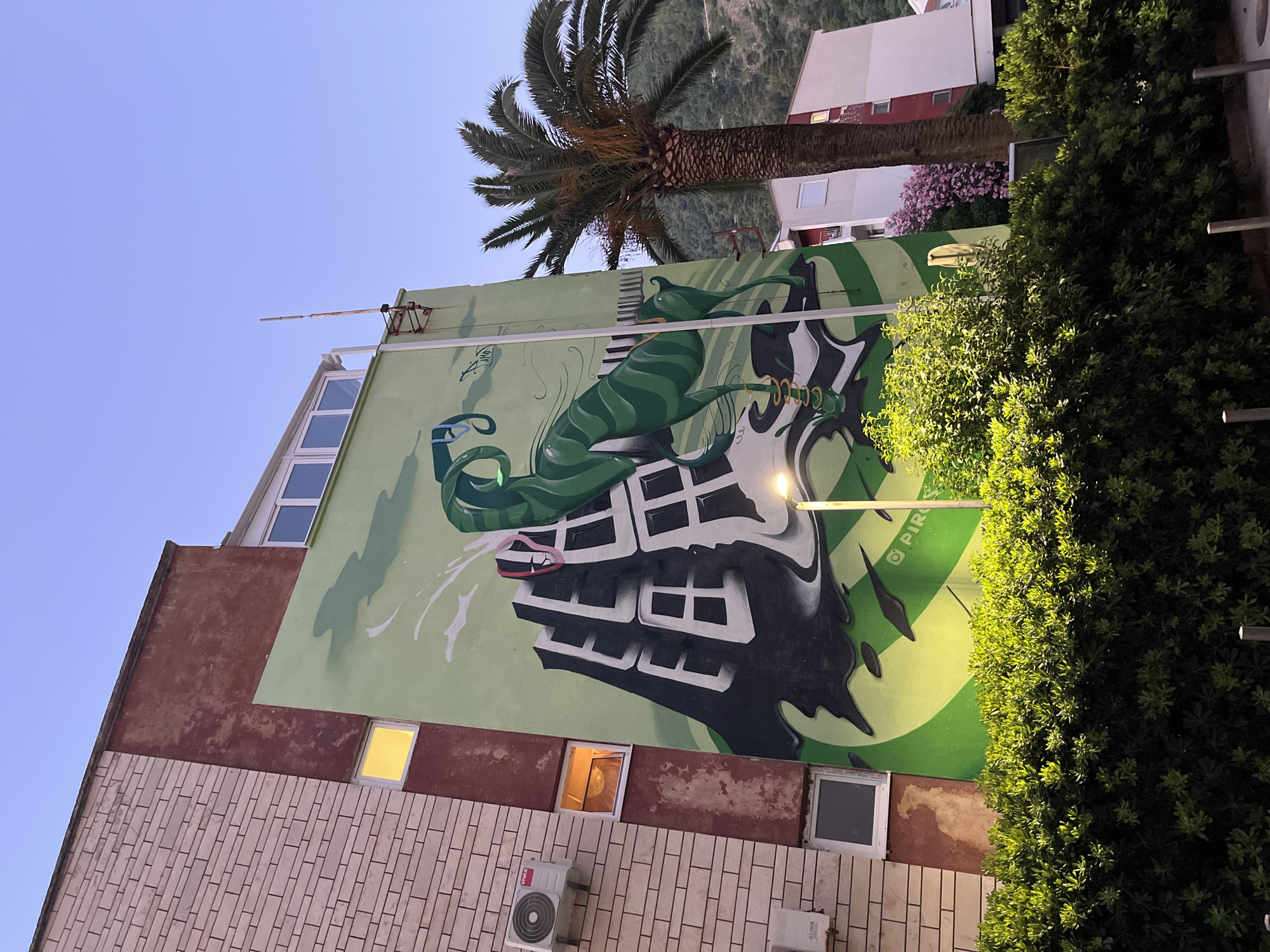 This photograph captures a vibrant mural on the side of a building in Budva, Montenegro. The mural features a stylized green creature resembling a goat or ibex, rendered in a dynamic, flowing style. The creature is depicted against a backdrop of abstract, block-like shapes that suggest buildings or architectural elements, all in shades of green, black, and white. The artwork extends across a significant portion of the building's facade, which is partially brick-clad and partially rendered in a reddish-brown color. Several windows are visible on the building, some illuminated from within, casting a warm glow.
To the right of the mural, a mature palm tree stands tall, its fronds reaching towards the clear blue sky. Behind the mural and palm tree, other buildings are visible, some with white and red exteriors, nestled against a lush, green mountainside. The foreground is dominated by a dense, well-maintained hedge, illuminated by a warm light source, possibly a street lamp, which also casts a light on the lower part of the mural. The overall impression is one of urban art integrated into the natural and built environment of the city.