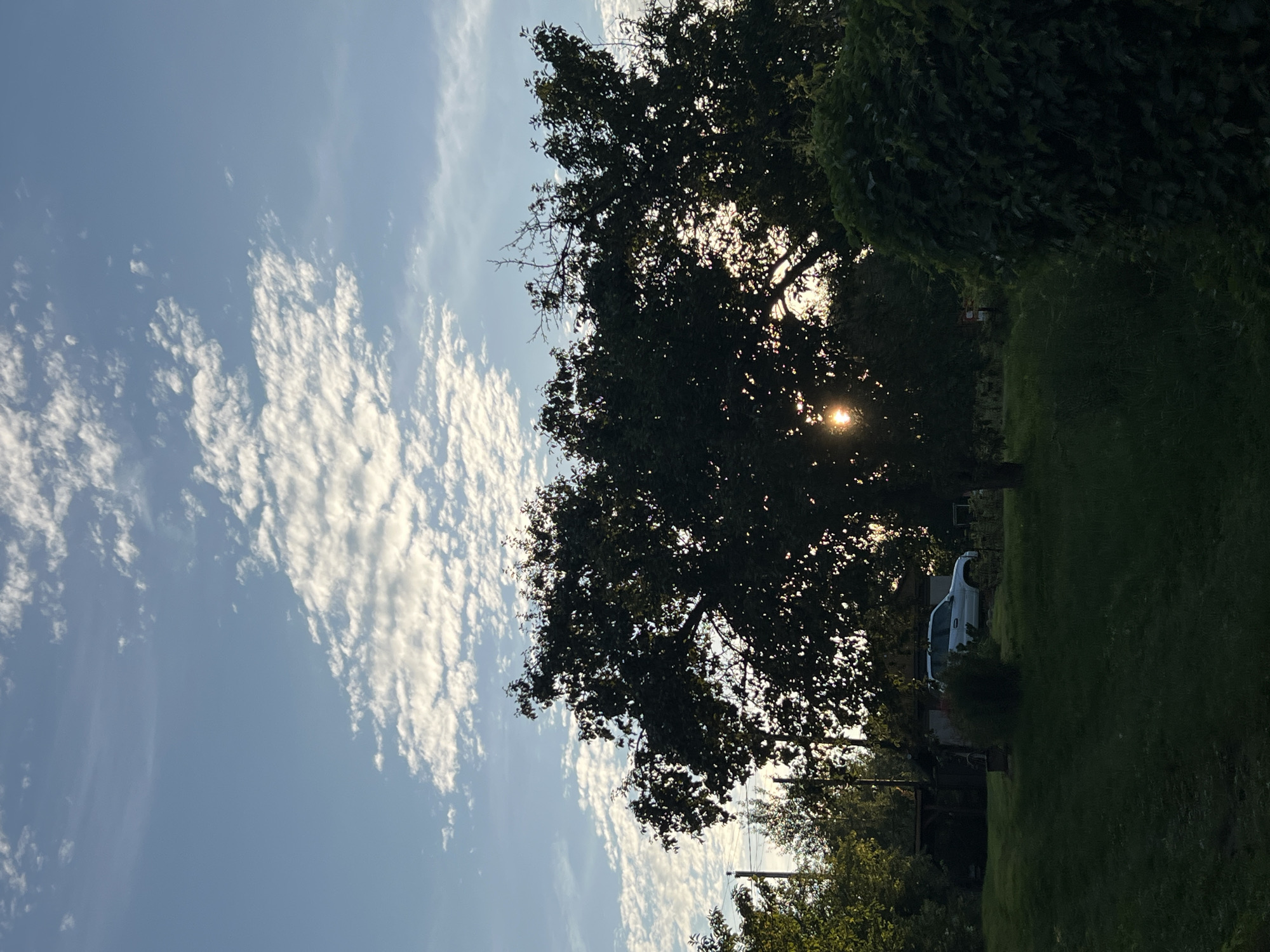A white SUV is parked in front of a building with a wooden roof and siding. The vehicle is in a grassy yard with trees and bushes. The sky is blue with white clouds, and the sun is visible through the trees. The scene appears to be in a rural or suburban setting.