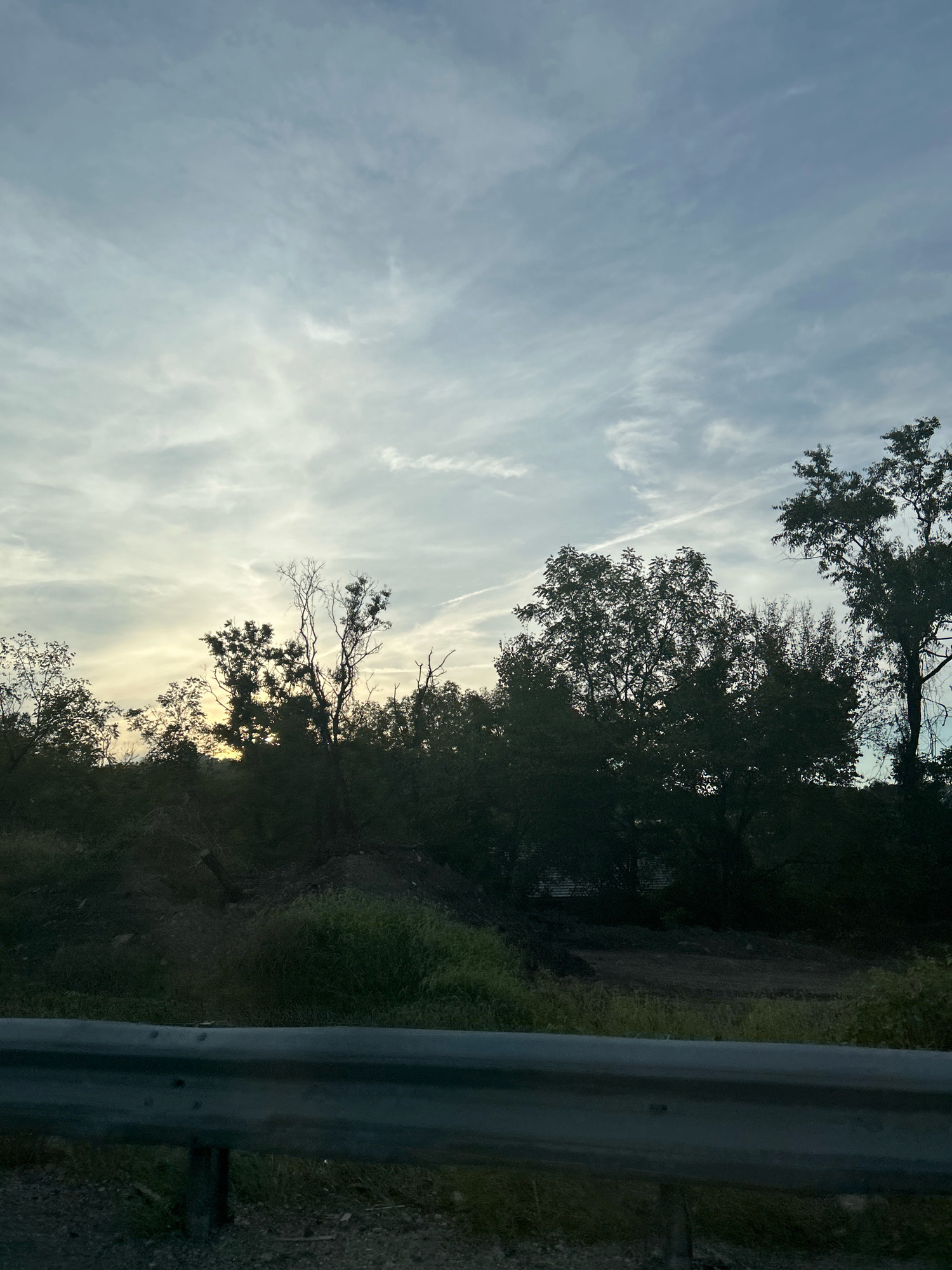 The image depicts a roadside view at dusk in Collier Township, Pennsylvania. The foreground features a weathered metal guardrail running horizontally across the frame, with a dark, gravelly road surface below it. Beyond the guardrail, the terrain slopes upward, covered with dense, dark green vegetation and trees. In the mid-ground, silhouetted trees of various sizes and shapes are visible against a twilight sky. Some bare branches suggest the presence of deciduous trees. The sky is filled with a mixture of pale gray and white clouds, with faint streaks suggesting contrails from aircraft. A soft, diffused light emanates from the left side of the horizon, indicating the setting sun. The overall impression is one of a natural landscape on the outskirts of a town as day transitions into night. There are no people or animals visible in the image.
