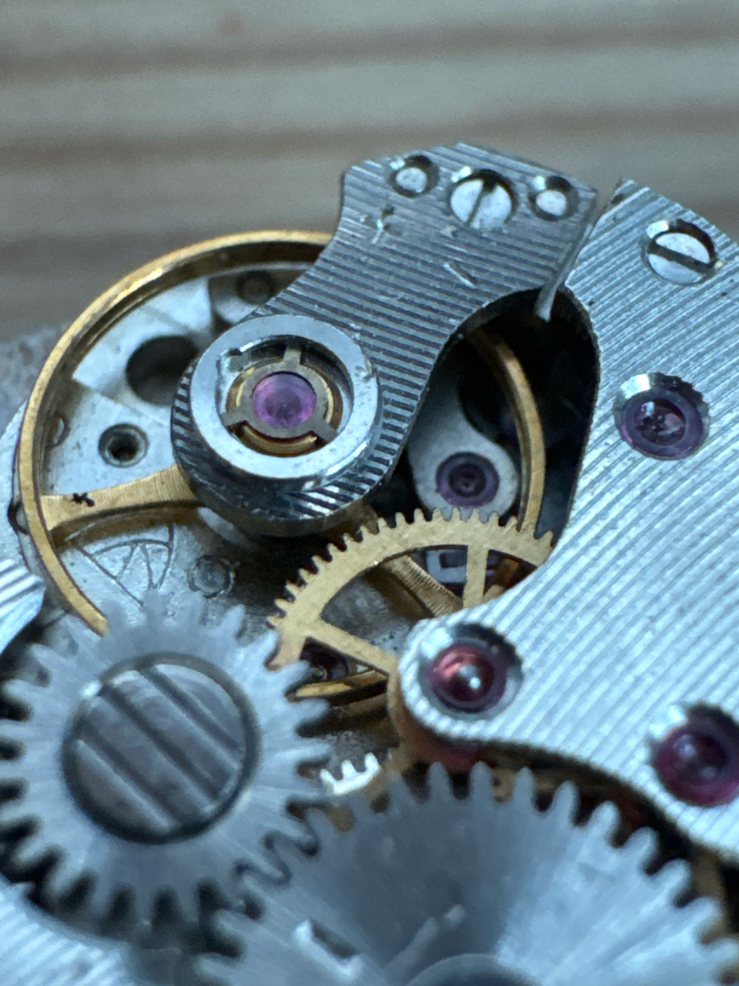 The image shows a close-up, macro view of the intricate inner workings of a mechanical watch movement. Several gears are visible, some made of a silver-colored metal and others of a golden-yellow metal. These gears have finely cut teeth and are interlocked, demonstrating the mechanism for power transmission. A small, bright pink jewel, likely a ruby bearing, is visible at the center of a rotating component. The metal plates supporting these components are finely textured with parallel lines, suggesting precision engineering. The background is blurred and appears to be a neutral, light-colored surface, possibly a wooden bench or table. There are no people or animals present in the image, and no discernible actions or interactions are occurring within the frame. The scene depicts a static, internal mechanical system. The image is a photograph and is not located in Kempelevo, Russia.