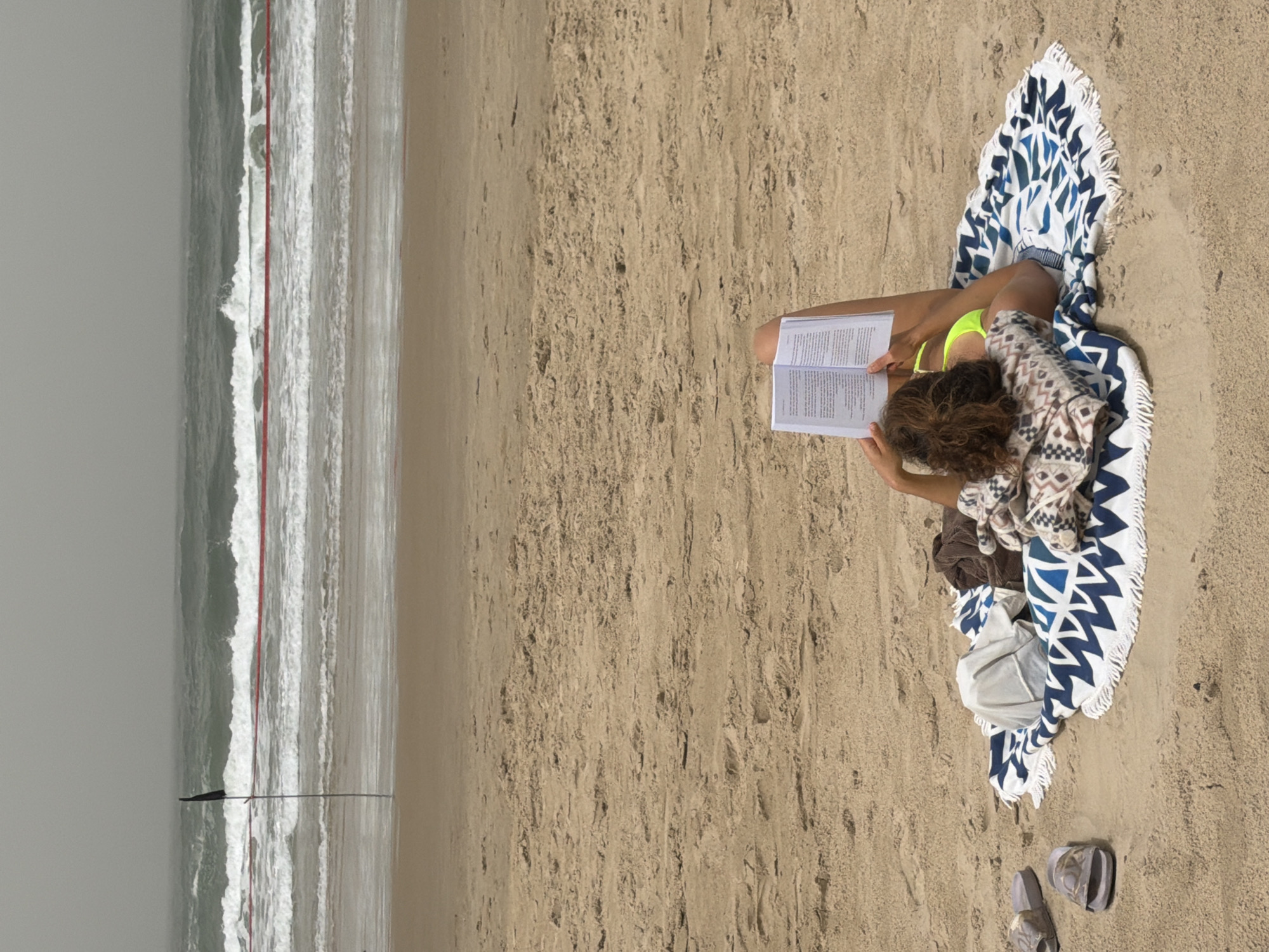 A woman sits on a blue and white patterned blanket on a sandy beach, reading a book. She wears a yellow bikini top and is partially covered by a patterned sweater. Beside her are a bag and a pair of sandals. The beach stretches towards the sea, where waves break under a gray sky. A red line is in the sea. The image captures a moment of leisure and relaxation by the sea. The location is Tel Aviv, Israel.