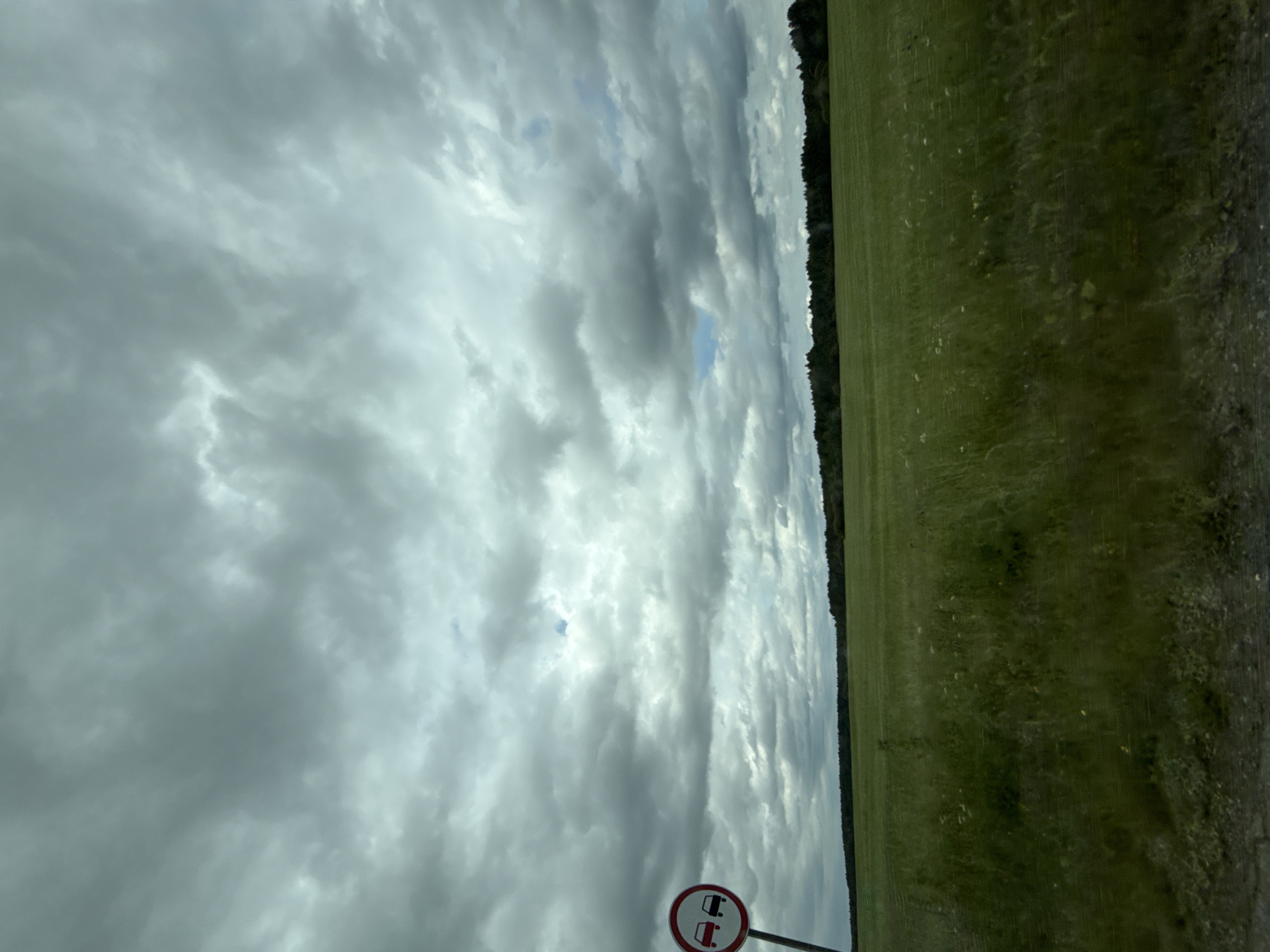A road sign depicting two cars, one red and one black, indicating a no-passing zone, is situated on the left side of the frame, partially obscuring a vast, green, grassy field. The field stretches horizontally across the majority of the image, with a dark green line of trees forming a distant horizon. Above the field, a dramatic sky filled with heavy, grey clouds dominates the upper portion of the image, with a sliver of bright blue sky visible near the top center. The ground in the foreground appears to be a dirt or gravel road. The scene suggests a rural or roadside environment in Bun'kova, Russia.