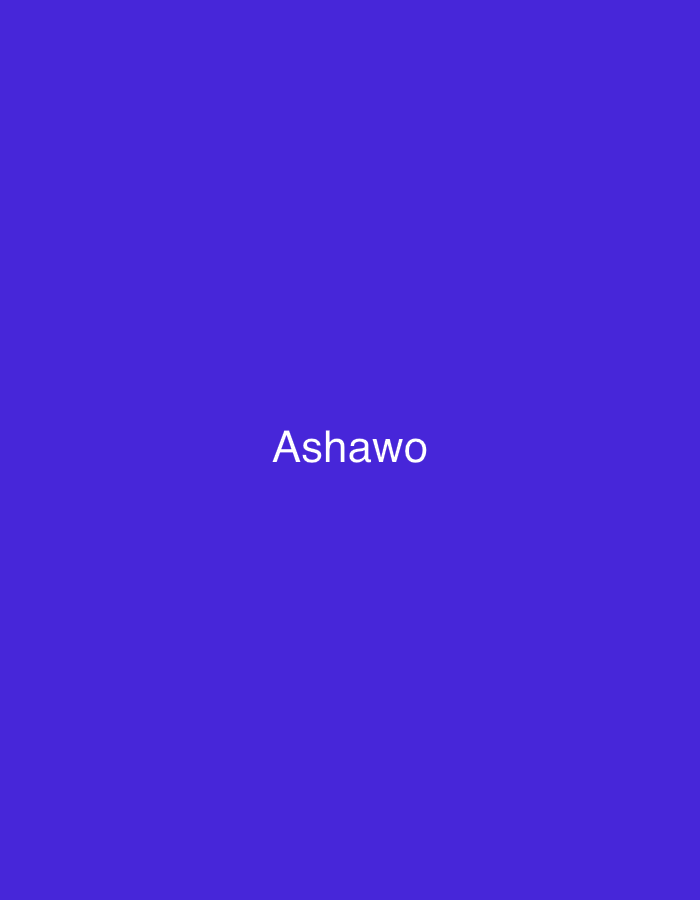 The image displays a uniform, solid purple background. Centered horizontally and vertically on this background is the word "Ashawo" rendered in white, sans-serif capital and lowercase letters. The text is clearly legible against the dark background. There are no other discernible subjects, objects, or actions within the frame. The digital graphic itself provides no visual context, environmental details, or geographical indicators that would allow for its localization to New Stadium, Nigeria, or any specific physical location.