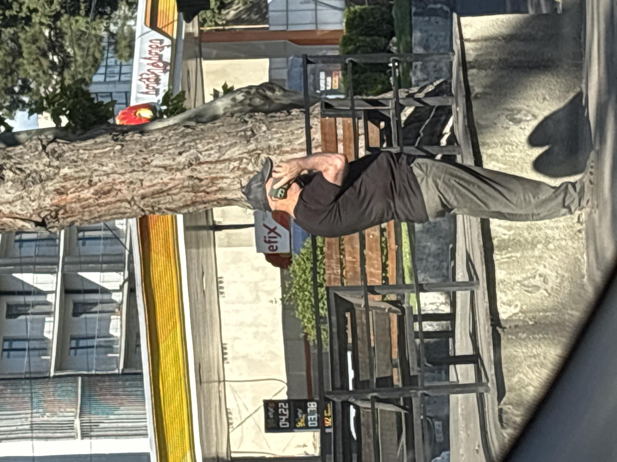 A man wearing a black t-shirt and grey pants, and a baseball cap is standing and talking on a cell phone. He is positioned to the right of a large tree trunk. Behind him, a gas station with a yellow awning is visible. To the left of the man, a digital price board displays gas prices: 98 octane at 04.22 and 95 octane at 03.78. In the background, a multi-story building with balconies is visible. The scene appears to be in an urban environment, possibly along a street or public area.