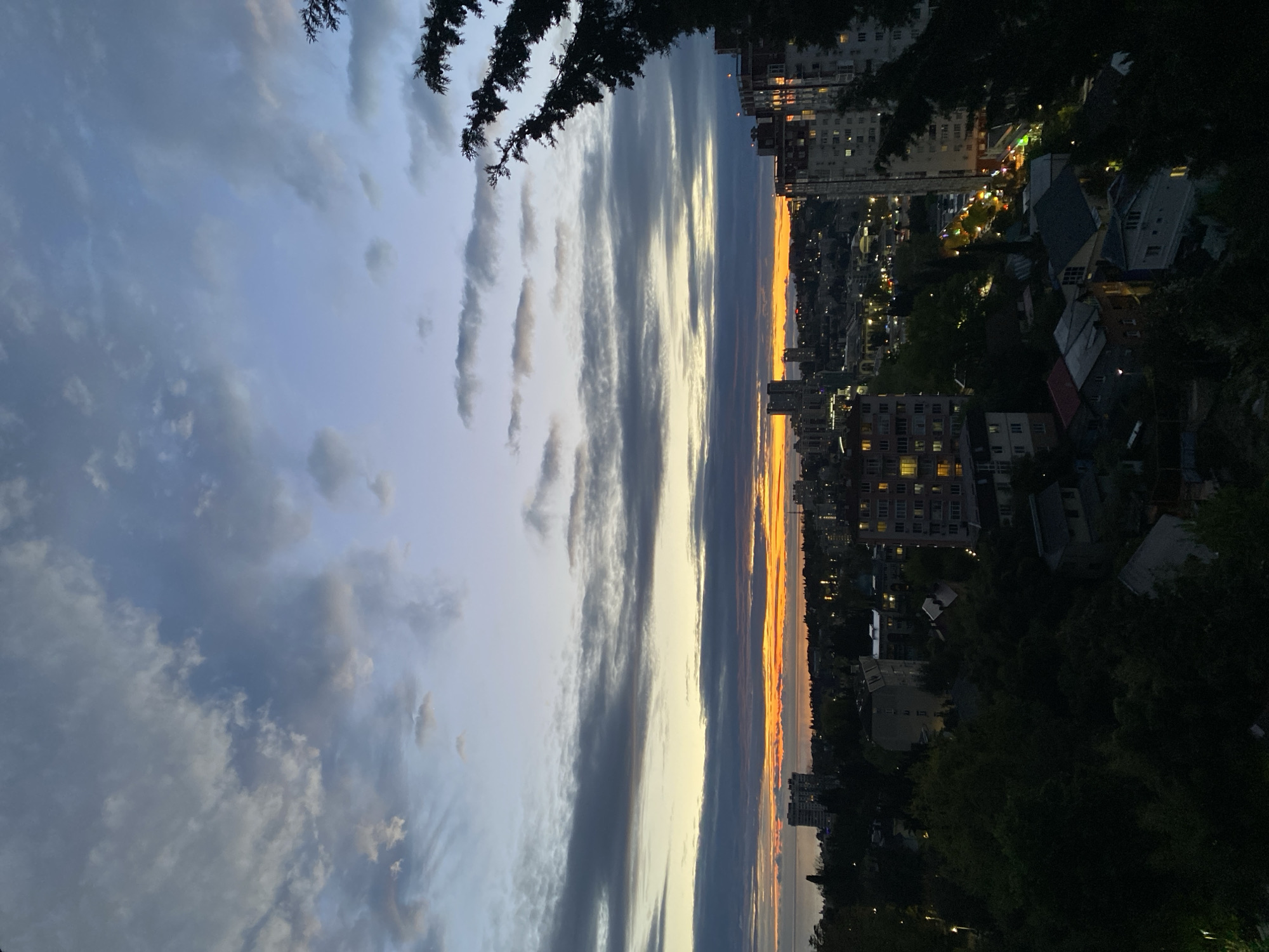 The image shows an urban landscape at dusk. The sky transitions from a pale blue with scattered clouds to a line of vibrant orange and yellow at the horizon, separating the sky from the buildings below. There are streaky clouds oriented vertically in the mid-sky. The city, likely located in Sochi, Russia, is partially visible, with buildings and trees silhouetted against the twilight. City lights are visible in some of the buildings and along streets. Dark foliage frames the top and right side of the image, possibly trees or shrubbery. The viewpoint appears to be from an elevated position looking towards the horizon.