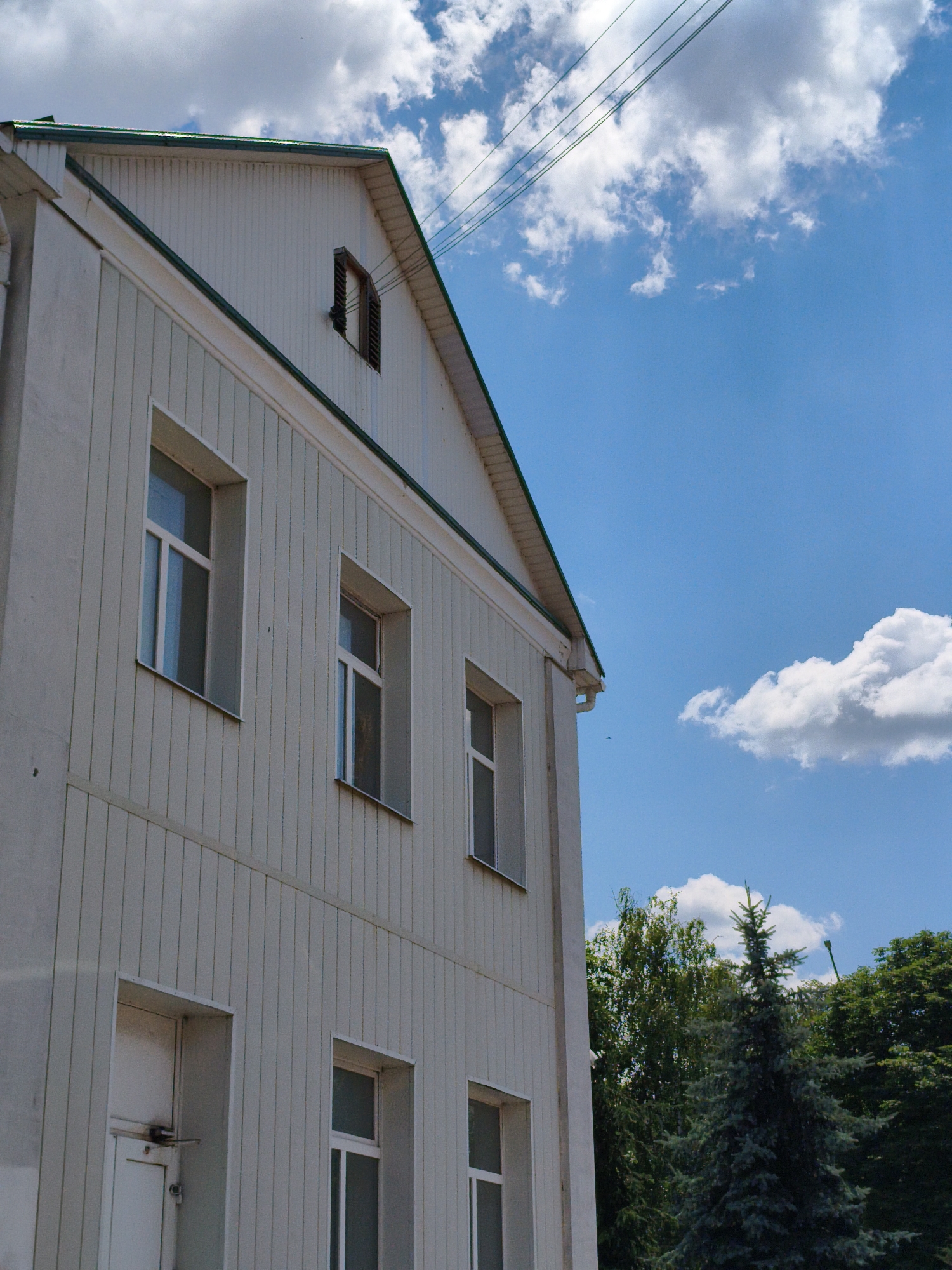 This is a medium-angle, full-shot, outdoor, daytime photograph taken in Velyka Bahachka, Ukraine. The image features the side of a two-story building, possibly an apartment complex or administrative building, clad in vertical white siding. The building has several white-framed windows with clear glass, some with internal grilles. On the upper level, there is a dormer window with dark shutters. A white door with a metal handle is visible on the ground floor. The building's roof is white with a green trim. Power lines are visible against a bright blue sky with scattered white clouds. In the background, lush green trees and a dark green fir tree are present. The scene is devoid of people.