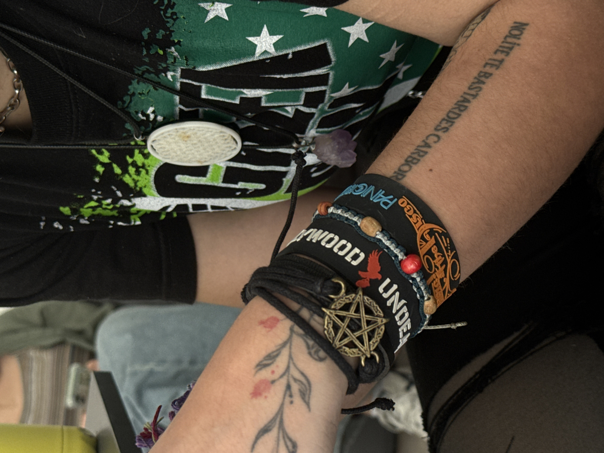 A close-up shot focuses on a person's arm adorned with bracelets, positioned in the foreground. A prominent black bracelet features white lettering with the words "Hollywood Undead" printed on it, along with a symbol of a red bird. A second bracelet with a black string has a gold-colored pentagram charm. Additionally, the person has a tattoo of a vine with red flowers on their lower arm. Higher up on the arm, a tattoo reads "Nolite te bastardes carborundorum" vertically.
The person is wearing a dark shirt with a green and white design featuring stars and horizontal stripes. A necklace with a white oval pendant and a small purple stone dangles from the shirt. A hint of blue denim suggests the person might be wearing jeans. The background is blurred and indistinct. The location is not discernible from the image.
