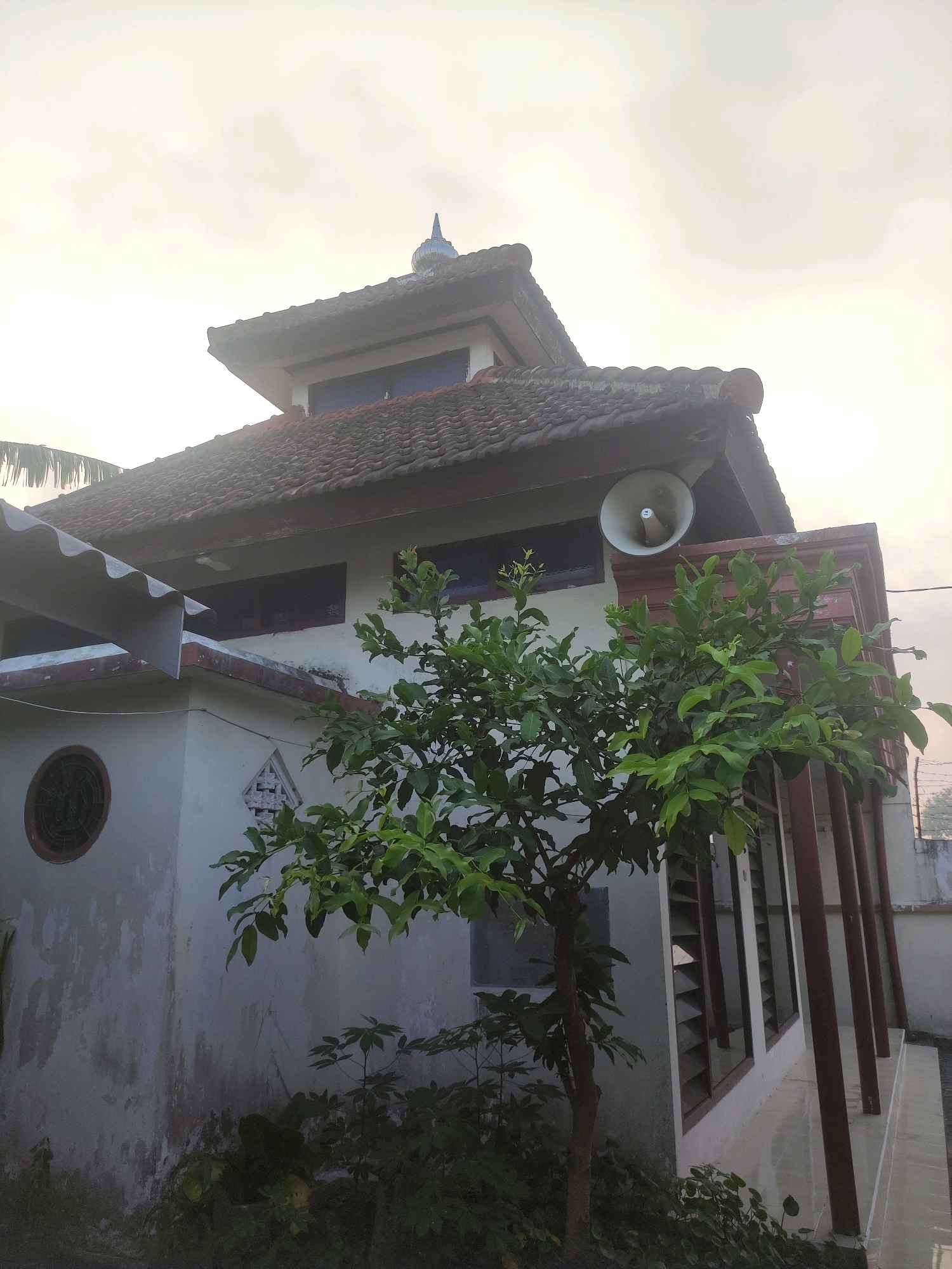 An exterior shot of a building, likely a mosque given the presence of a loudspeaker on the roof and the overall architectural style, is captured in the city of Ngasem, Indonesia. The building features a tiled roof, a dome-like structure at its peak, and several windows. A tree with green leaves stands in front of the building, partially obscuring the view of its white walls and a decorative circular element. The sky above is overcast with a soft, diffused light, suggesting either early morning or late afternoon. The overall impression is one of a peaceful, possibly rural or suburban, setting.