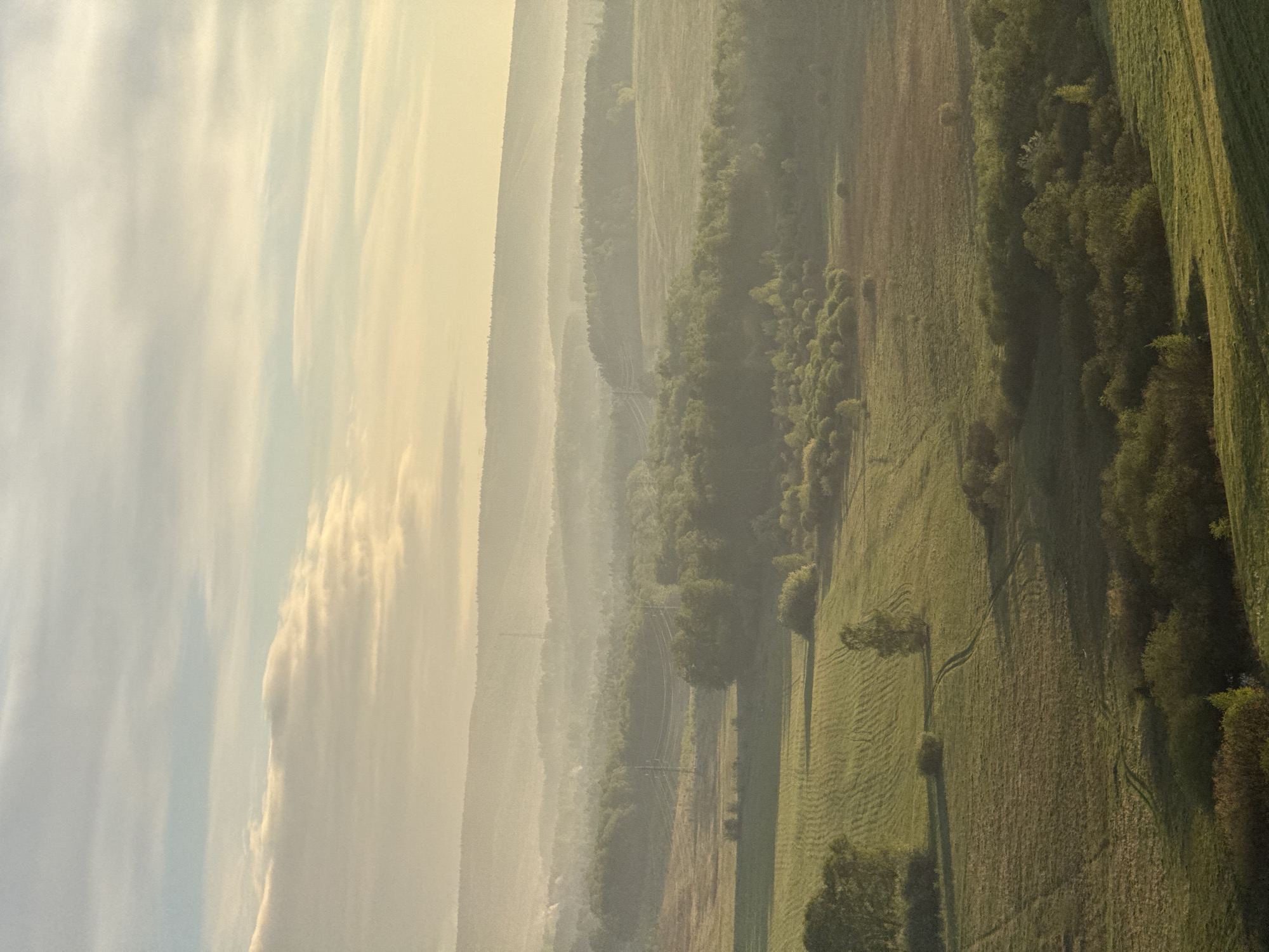 An aerial view depicts a landscape shrouded in a light fog, suggesting a morning or evening setting. The left side of the image shows layered clouds and a hazy sky, while the right side reveals a patchwork of green fields, some with visible tire tracks or mowing patterns. Patches of trees are interspersed among the fields. There are faint shadows and layers of terrain visible in the background. The scene does not depict any recognizable features of the city of Shamoni, Russia, and the location cannot be confirmed based on the visual elements.