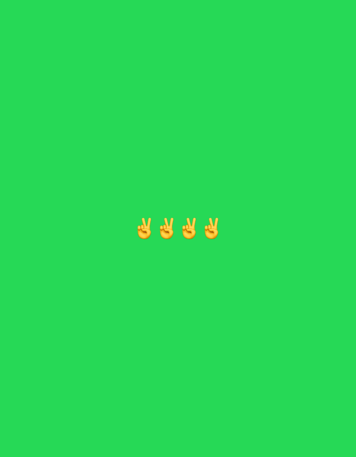 The image is a digital graphic with a bright green background. In the center of the image, four yellow emojis of hands making the peace sign are horizontally aligned. The emojis are identical. There is no discernible location within the city of Gorzow, Poland.