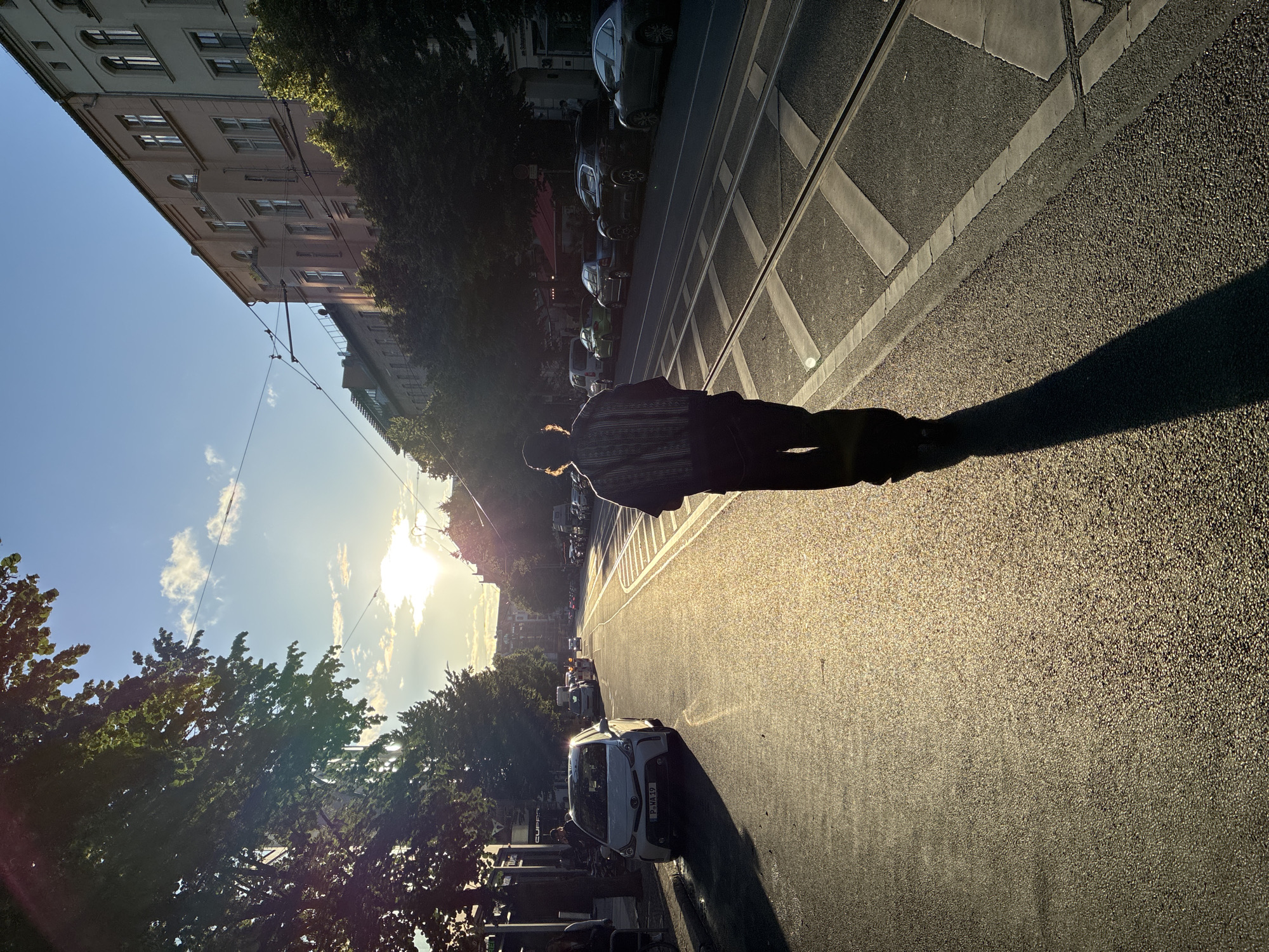 A person walks down the middle of a street in Berlin, Germany, during the golden hour. The sun is low in the sky, casting long shadows and illuminating the asphalt with a warm glow. The person, seen from behind, is wearing a patterned shirt and dark pants, with a dark cap on their head. They are walking away from the camera towards a vanishing point on the horizon, where other cars are visible in the distance.
The street is wide and appears to be a main thoroughfare, with tram tracks running down the center. On either side of the street are buildings, some with balconies, and trees that line the sidewalks. Cars are parked along the right side of the street. The overall impression is of a quiet, everyday scene in an urban environment bathed in the soft light of sunset.