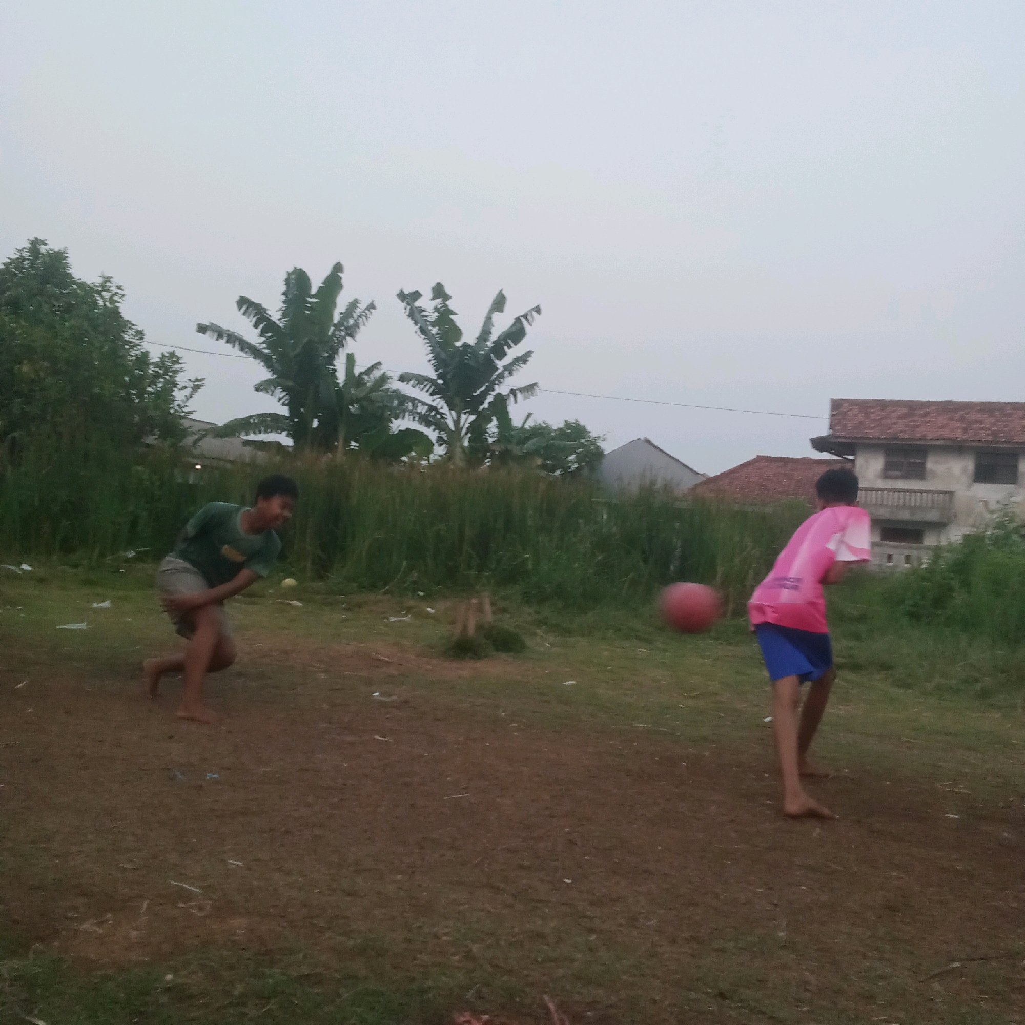 In Karawang, Indonesia, two young boys are engaged in a game of catch outdoors. The scene is set on a dirt and grass field with lush green vegetation and banana trees in the background. A few houses with tiled roofs are visible in the distance.
The boy on the left, wearing a green t-shirt and shorts, is in a crouching position, appearing to be catching or about to catch a yellow ball. He has dark hair and is barefoot.
The boy on the right, dressed in a pink and white t-shirt and blue shorts, is actively throwing a red ball, which is captured mid-air in motion blur. He also has dark hair and is barefoot. The cloudy sky suggests it may be overcast.