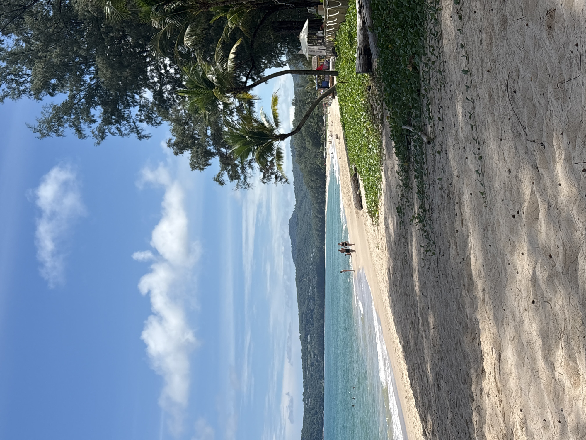 This is a daytime, eye-level, outdoor, full shot of a tropical beach in Choeng Thale, Thailand. The scene captures a wide expanse of sandy beach in the foreground, with dappled sunlight creating shadows. Further back, the turquoise ocean meets the shore with gentle waves, and a few people are visible in the water and walking along the waterline. In the midground, the beach continues with a line of lush green vegetation and several palm trees, with some people and a white umbrella structure visible near them. The background features a densely forested, rolling hill that dominates the horizon, under a bright blue sky with scattered white clouds.