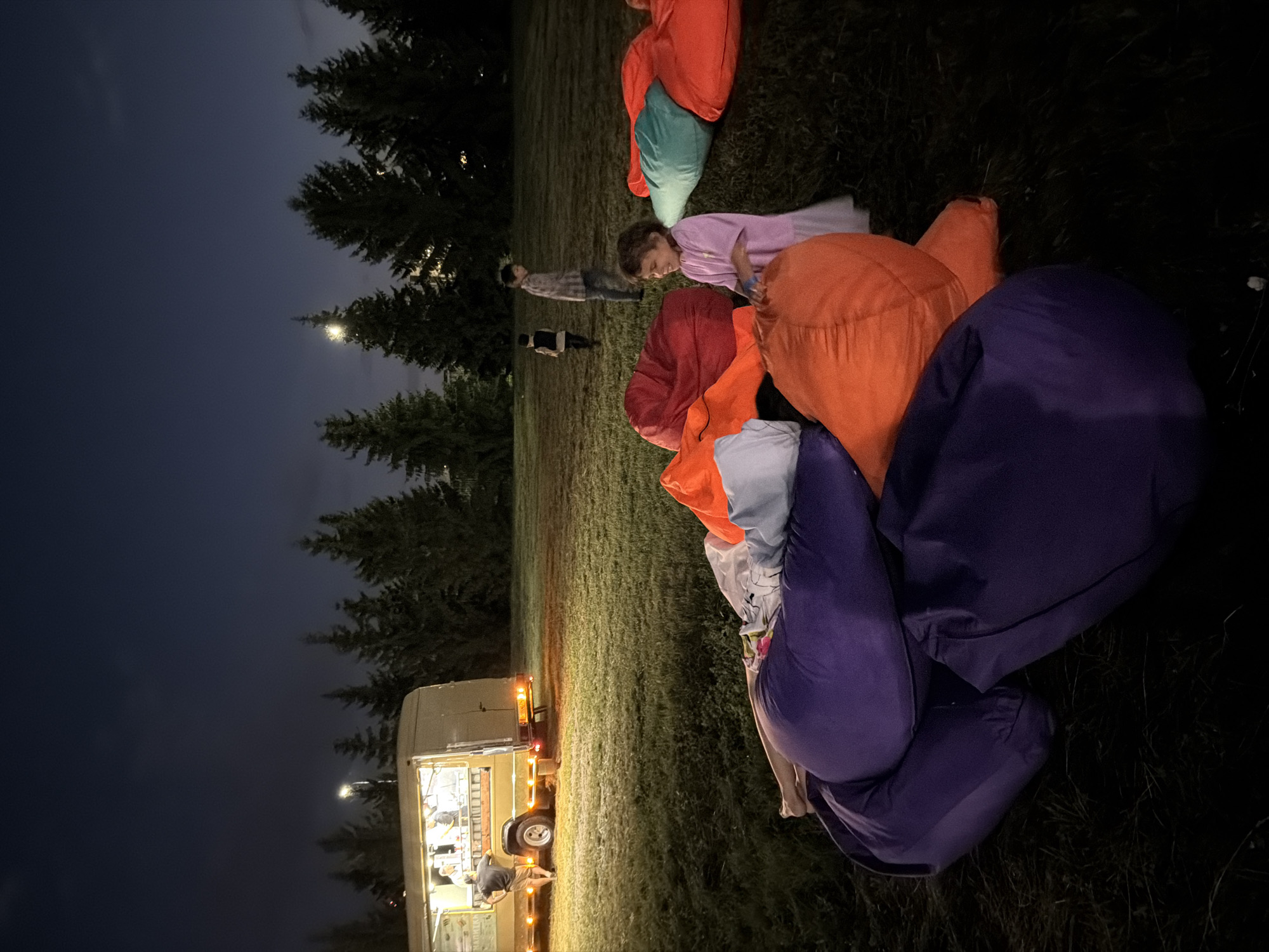 In a grassy field at dusk, a food truck is parked, its interior illuminated by bright lights, suggesting service is underway. Several people are visible near the truck, some appearing to be employees. In the foreground, a cluster of large, colorful beanbag chairs is scattered on the grass, with a young girl in a pink dress standing amongst them and a child's legs visible beneath some of the bags. In the background, several tall evergreen trees form a dense line against the dark sky, with more trees and some distant lights visible behind them. Two boys are walking in the middle ground of the field. The scene appears to be an outdoor event, possibly a movie night or gathering, taking advantage of the evening ambiance.