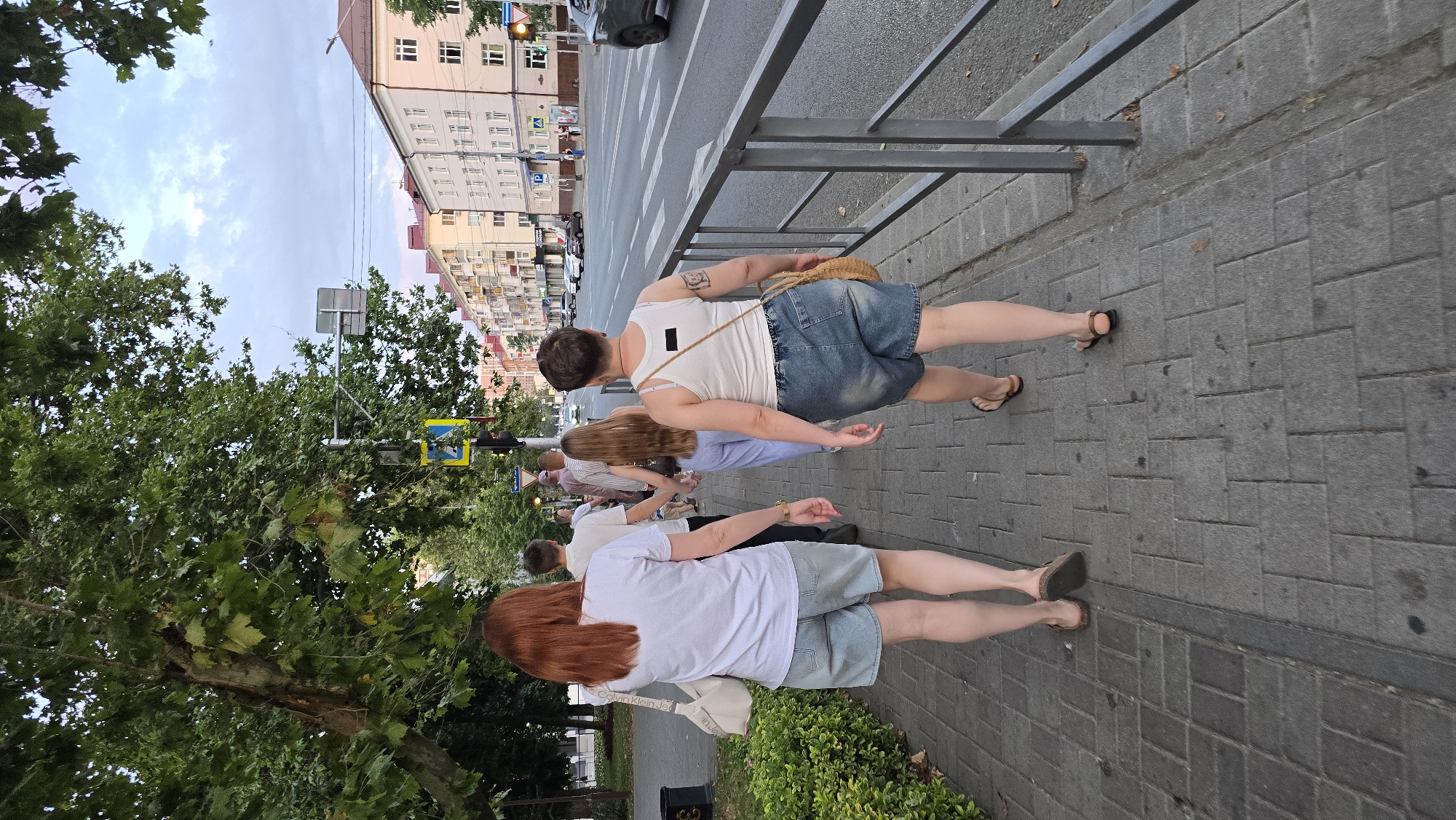 A group of five people are walking away from the camera on a pedestrian sidewalk. The sidewalk is made of gray pavers and is bordered by a metal railing on the right. Beyond the railing is a street with cars driving on it and buildings lining the opposite side. On the left side of the sidewalk, there is a green bush and a large tree with green leaves.
The first person from the left is a woman with long, red hair wearing a white t-shirt and light blue denim shorts. She is carrying a cream-colored shoulder bag. The second person is a man in a white t-shirt and dark pants. The third person is a woman with long, light brown hair wearing a light blue top and light blue pants. She is holding hands with the fourth person, a man in a light-colored t-shirt and darker pants. The fifth person is a woman with short brown hair wearing a white tank top and denim shorts. She is carrying a woven straw bag over her shoulder and has a tattoo on her left arm.
In the background, traffic lights and street signs are visible. The buildings on the opposite side of the street appear to be residential or commercial. The sky is cloudy and appears to be late afternoon or early evening. The scene is consistent with a street in Krasnodar, Russia, as it depicts a typical urban environment with pedestrian walkways, streets, buildings, and greenery.