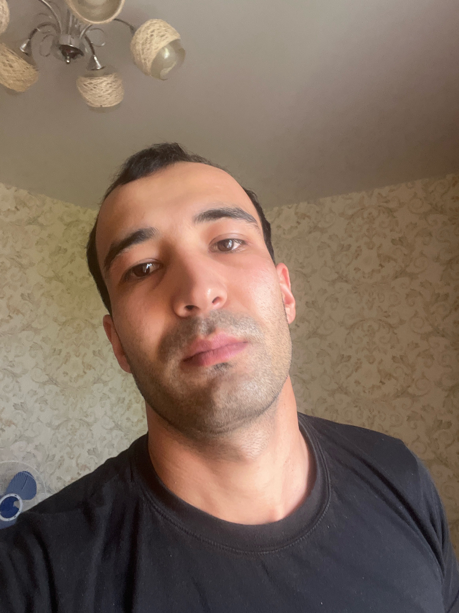 A medium shot captures a man in a black t-shirt, angled towards the camera with his face close. He has dark hair and brown eyes, with a light stubble on his face. Behind him, a floral patterned wallpaper covers the wall, and a chandelier with woven shades hangs from the ceiling. A blue and white fan is partially visible in the lower left corner. The lighting suggests an indoor setting.