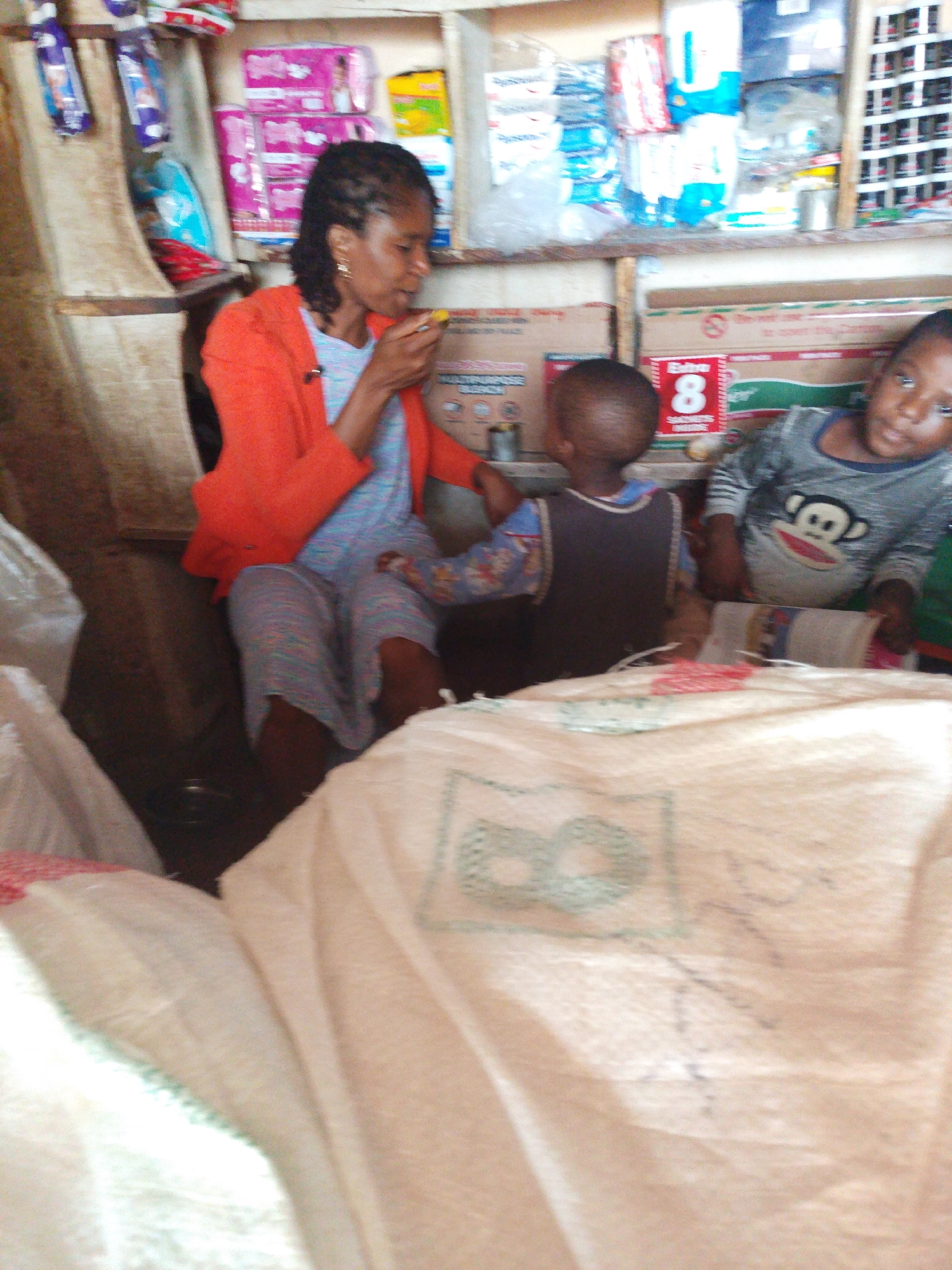 In a bustling setting likely within the city of Jos, Nigeria, a woman wearing a coral-colored blazer and patterned pants sits amongst large sacks, possibly containing goods for sale. She appears to be feeding a young child. Beside them, a second child looks towards the camera, clad in a gray monkey-print shirt. Shelves laden with consumer products are visible behind the group.