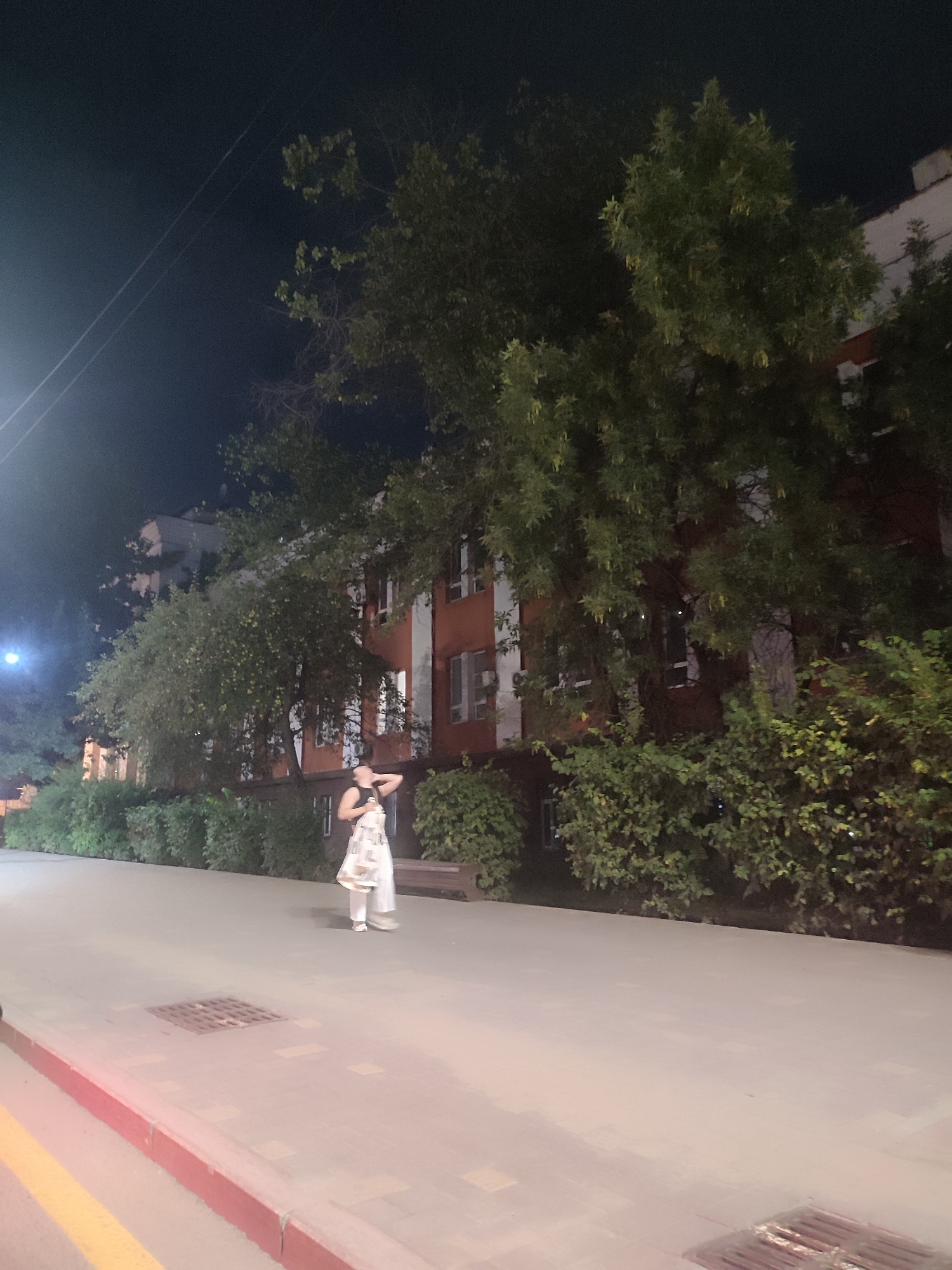 The image depicts a street scene at night in Almaty, Kazakhstan. In the foreground, a paved sidewalk runs alongside a street with a red and yellow curb. A woman is walking on the sidewalk, wearing a light-colored patterned dress and white shoes. She is facing away from the camera and touching her head. Behind the sidewalk, there is a row of green bushes and trees. Further back, an orange-colored building with multiple windows is visible, partially obscured by the trees. The sky is dark, indicating nighttime, and some light poles are visible. The overall scene is of a quiet urban street at night.