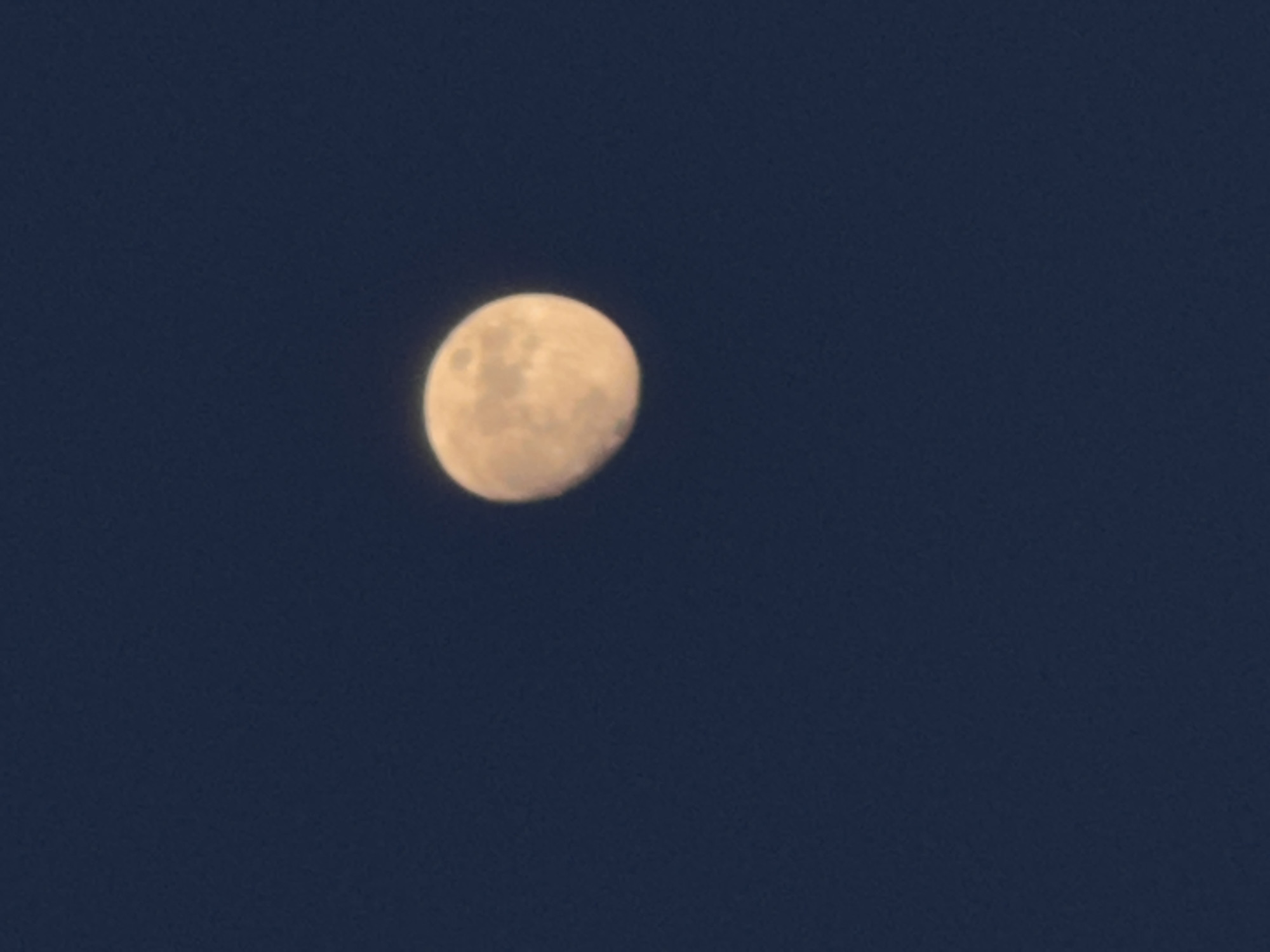 The media file displays a celestial scene featuring a gibbous moon against a deep blue night sky. The moon, the primary subject, is positioned in the upper-central part of the frame, slightly off-center to the right. Its surface exhibits visible topographical features, including craters and darker maria, though the image appears somewhat soft-focused. The moon glows with a warm, yellowish-white light, indicating it is well-illuminated by the sun. The sky is uniformly dark blue, suggesting it was captured during late dusk or nighttime hours over Chaikovsky, Russia. There are no other celestial objects, atmospheric phenomena, or terrestrial elements visible in the frame. No activity beyond the static presence of the moon is depicted, and no text is present in the image.