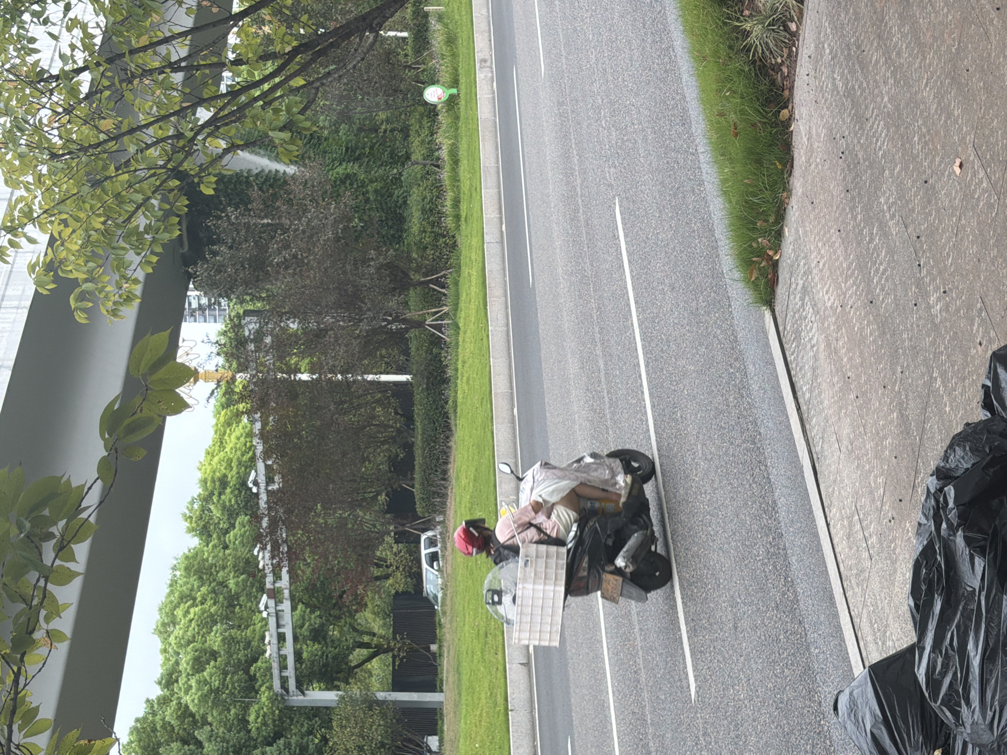 A person wearing a red helmet and a pink shirt rides a black scooter on a paved road. The scooter has a large white plastic crate attached to the back, which contains items. The scooter is traveling on the right side of the road, marked by white lines. In the background, there is a grassy area with trees and an elevated structure, possibly an overpass, with security cameras mounted on it. A white car is visible parked in the distance on the left. The environment appears to be urban with foliage and infrastructure. The pavement in the foreground on the left shows several black garbage bags. The location is identified as Jiangjin, China.
