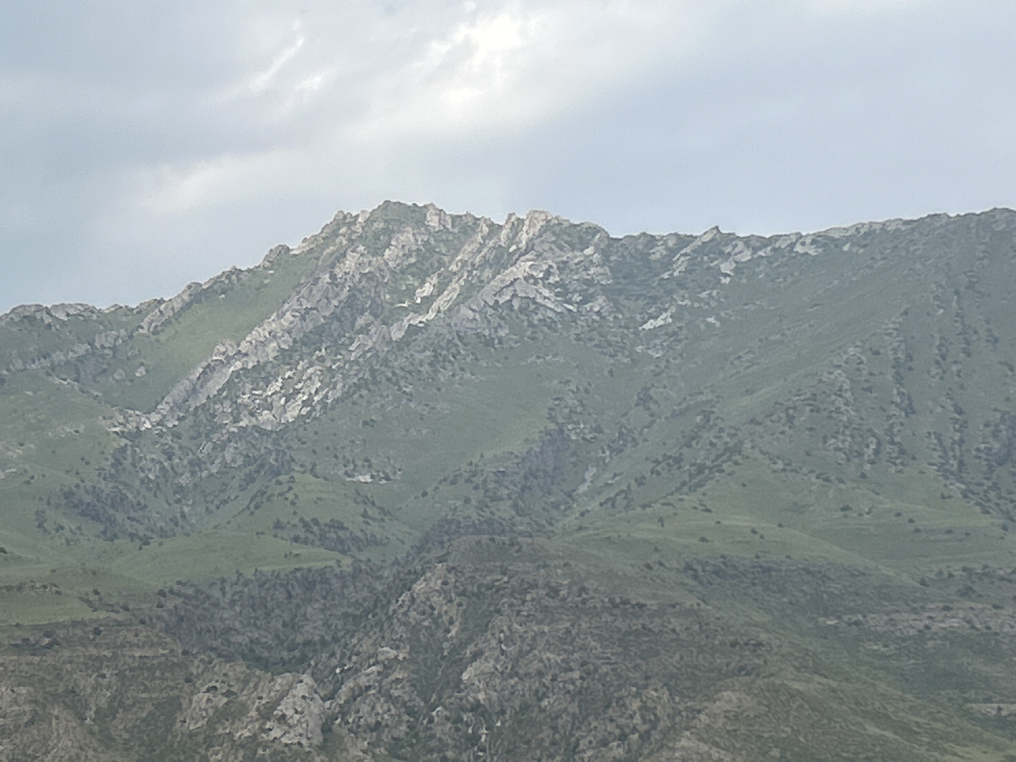 The image shows a wide shot of a mountain range under a cloudy sky. The mountains are covered in green vegetation, with some rocky, exposed areas along the ridges. The terrain is rugged and appears to be natural, with no visible signs of human development or activity. The lighting suggests it is daytime, possibly overcast. The location in Дедемель, Kyrgyzstan, indicates this is a mountainous region.