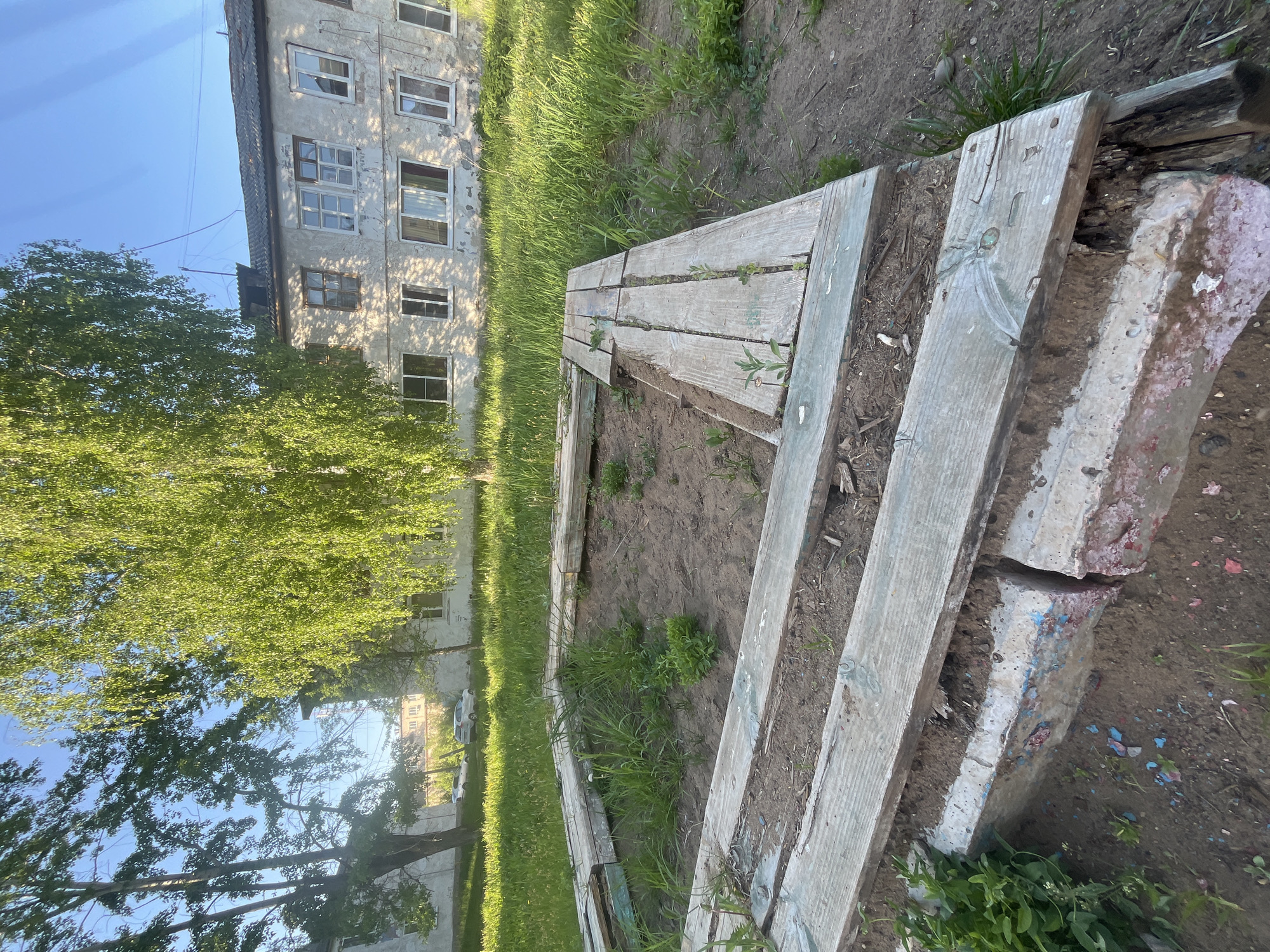 The image depicts a raised garden bed made of weathered wood and concrete blocks, situated in a grassy area adjacent to a multi-story, aged building. The bed contains soil with sparse vegetation. The building's exterior is worn, with multiple windows. A tree with dense foliage is present, partially obscuring the building. The setting appears to be an urban or suburban environment.