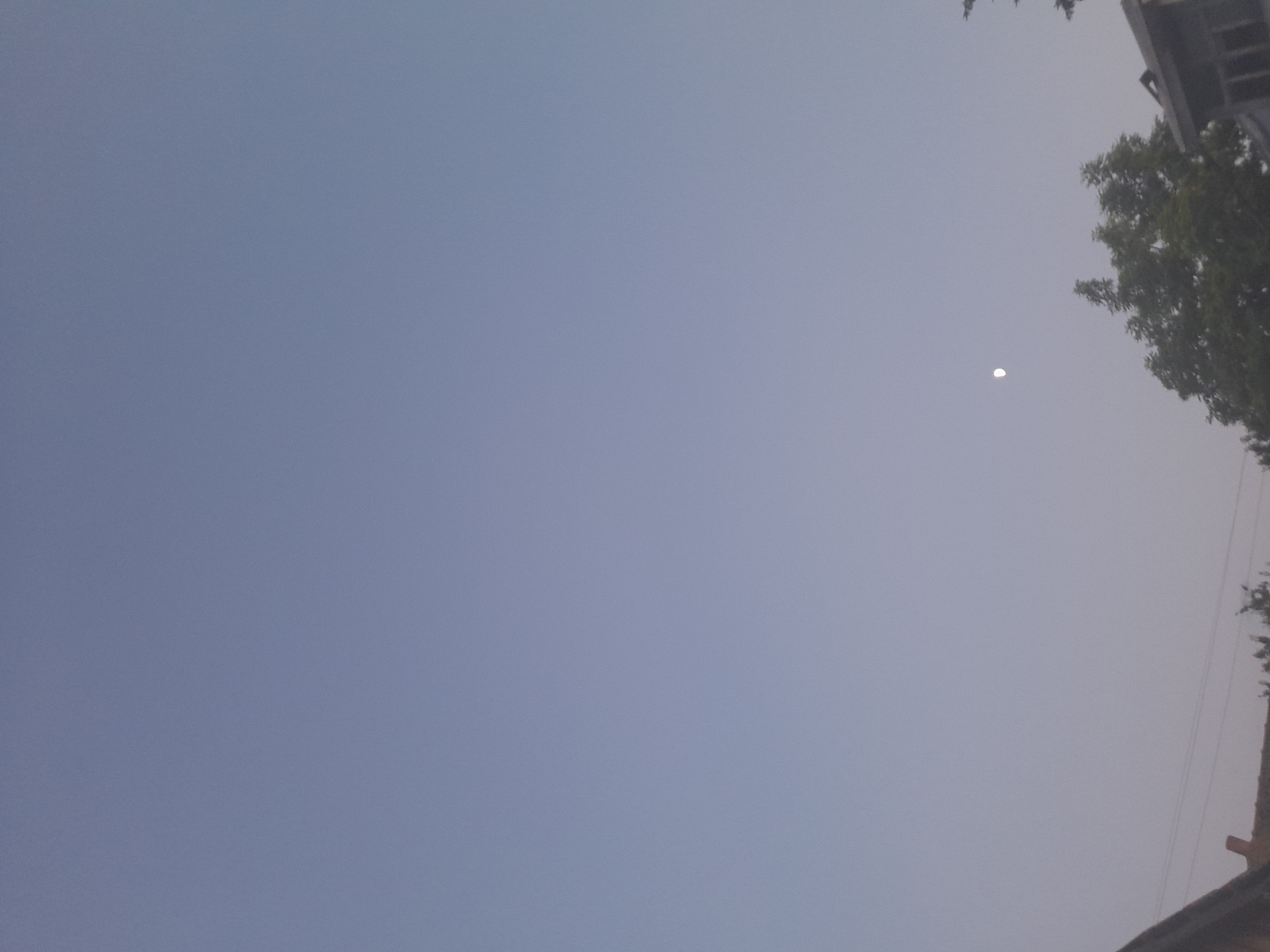 The image shows a dusky sky with a faint crescent moon visible in the upper right quadrant. To the right, the silhouette of a tree with green foliage is prominent, and a portion of a building, possibly a house with a brick chimney, is visible at the bottom edge. The sky is a pale blue or gray, suggesting either early morning or late evening. There are no people or specific activities depicted. The overall scene evokes a sense of calm and twilight. The location context is Kliushnykivka, Ukraine, which is a rural or semi-rural area.