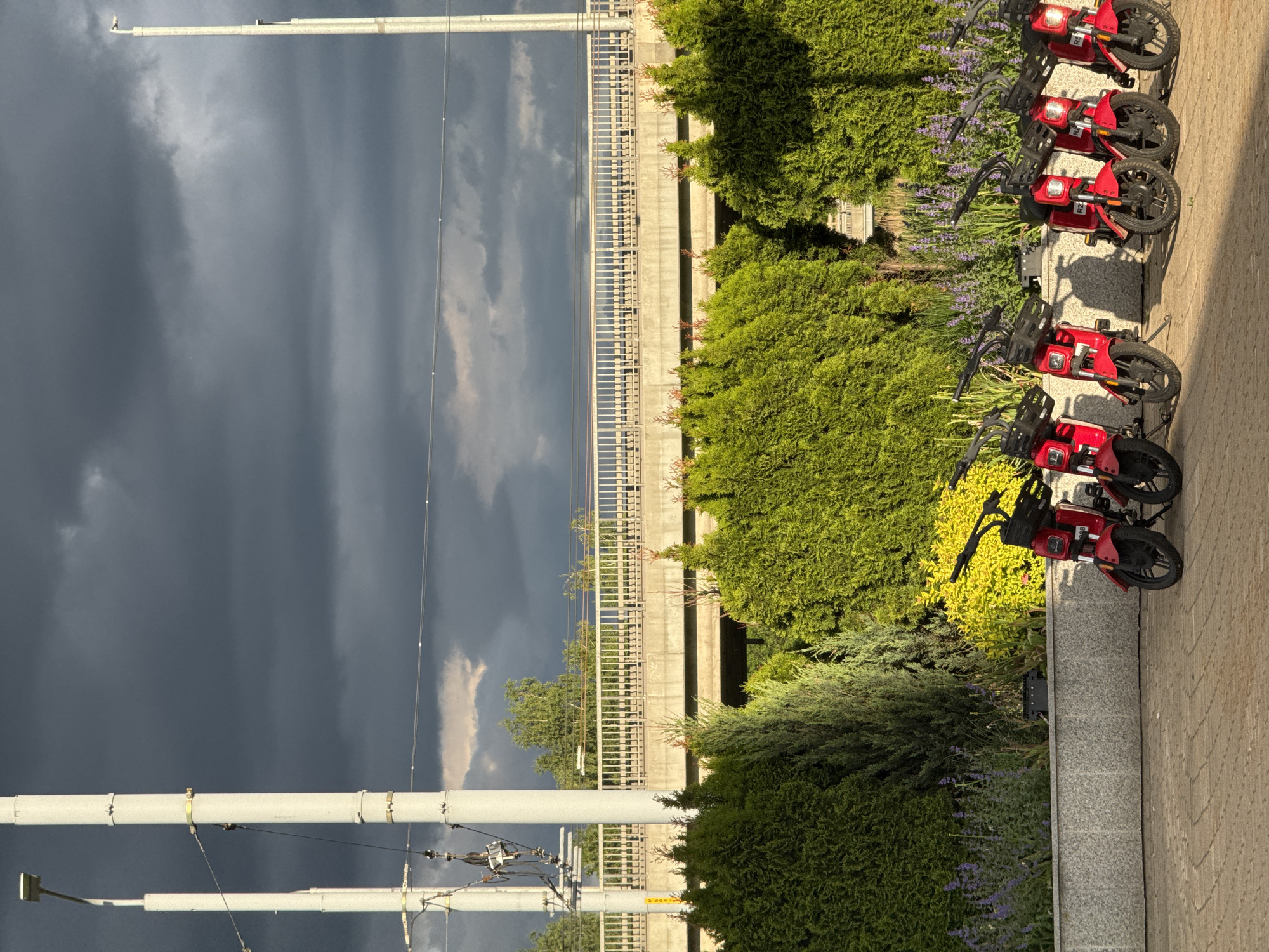The image presents an urban landscape within Riga, Latvia, under a dramatic, dark grey sky. In the foreground, a row of six identical red electric scooters, each featuring a black handlebar, front basket, and kickstand, are neatly parked on a light-colored paved surface, casting shadows to their left. Visible labels include 'R2' on the second scooter from the left, 'R4' on the fourth, and 'R5' on the fifth. Directly behind the scooters, a low, grey granite-textured planter holds a section of purple flowering plants and bright yellow-green shrubs. Further back, a dense, vibrant green hedge of various evergreen shrubs and small trees rises prominently, strongly illuminated by a low-angle sun that creates distinct highlights and shadows.
The mid-ground is dominated by a concrete overpass or bridge with a light-colored metal safety railing, spanning horizontally across the frame. Train tracks are visible on the bridge deck. To the left, multiple tall, light-colored utility poles are equipped with overhead electrical lines, insulators, and a transformer unit. A single, thinner utility pole is also visible on the far right. The background consists entirely of heavy, dark grey stratocumulus clouds, suggesting stormy weather. A small, brighter cloud formation is visible above the right side of the bridge, indicating a localized break in the cloud cover. No individuals are present in the scene.