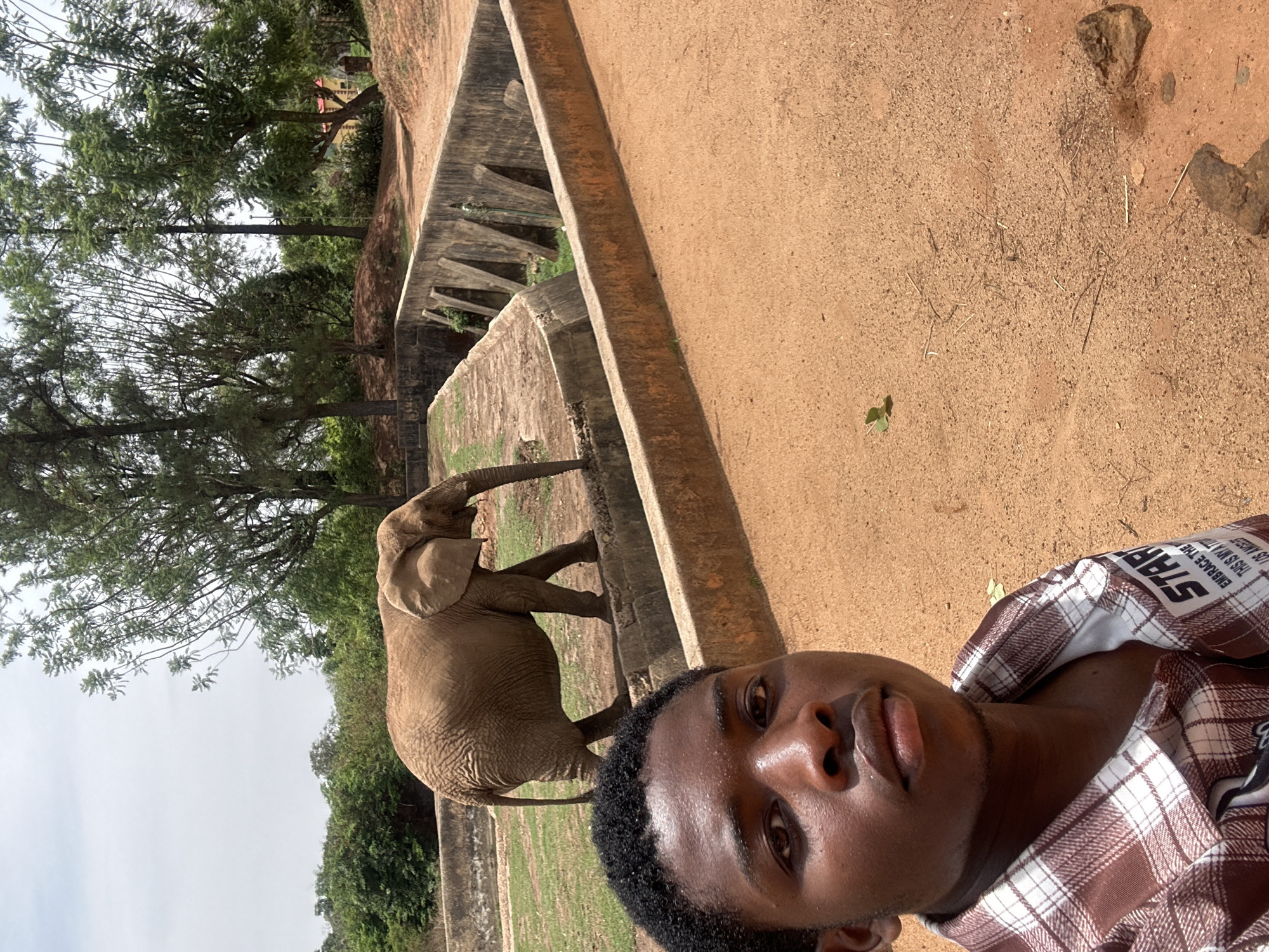A selfie-style photograph taken outdoors in what appears to be a zoo or wildlife park in Jos, Nigeria. In the foreground, a young, dark-skinned man with short, dark hair is visible from the chest up. He is wearing a brown and white plaid shirt. Behind the man, an elephant is standing near a concrete barrier. The elephant is a greyish-brown color. Trees and green vegetation are visible in the background. The ground is reddish-brown soil. The photograph is oriented vertically.