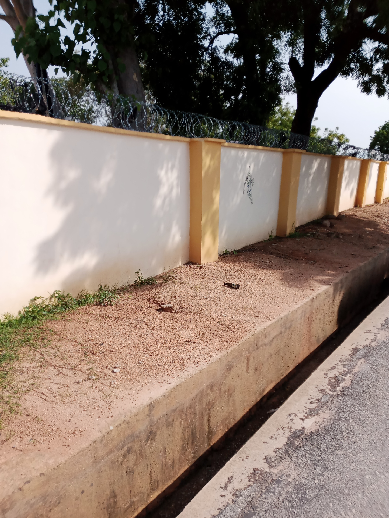 The image depicts a roadside scene in Jalingo, Nigeria. A cream-colored wall with yellow vertical supports runs along the left side of the frame, topped with barbed wire. The wall is bordered by a narrow strip of gravel and sparse green vegetation. To the right, a concrete drainage ditch runs parallel to the road. The road itself is visible at the bottom right of the image, appearing somewhat worn. The overall impression is one of a dry, utilitarian environment. No people are visible in the frame.