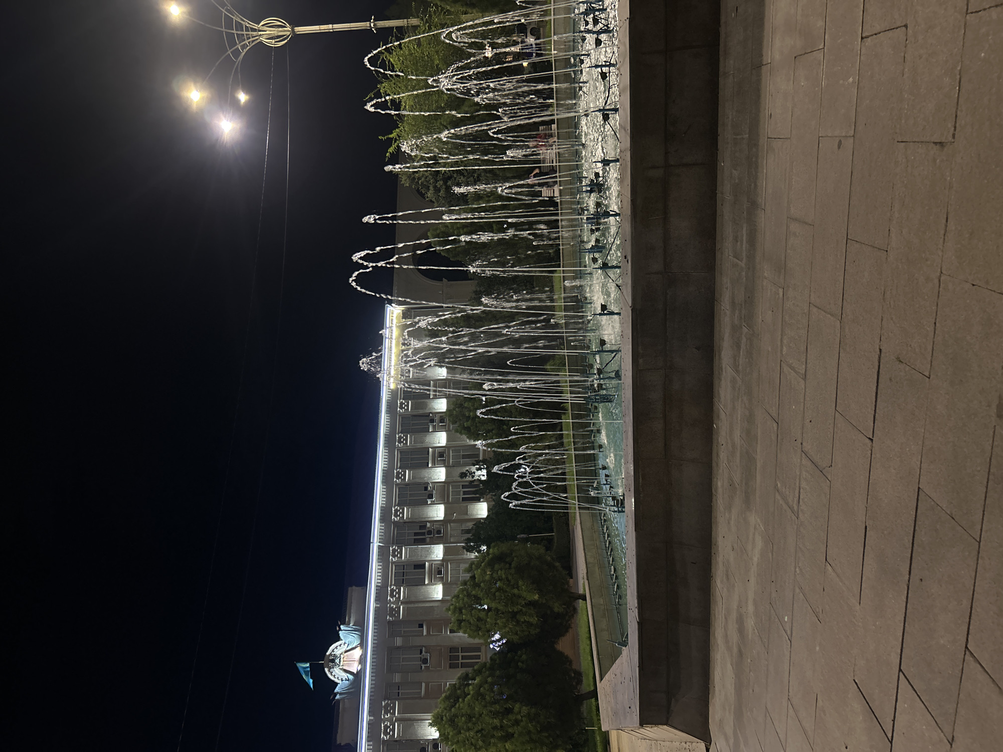 The image captures a nighttime scene of a fountain in front of the Taraz city administration building in Kazakhstan. The building, illuminated by multiple lights, stands tall and grand with a flag atop its facade. The fountain's water jets create an elegant display, arcing upwards and shimmering under the artificial lights. The foreground shows a paved walkway, contributing to the urban setting. The overall atmosphere is serene and majestic, showcasing a well-maintained public space.