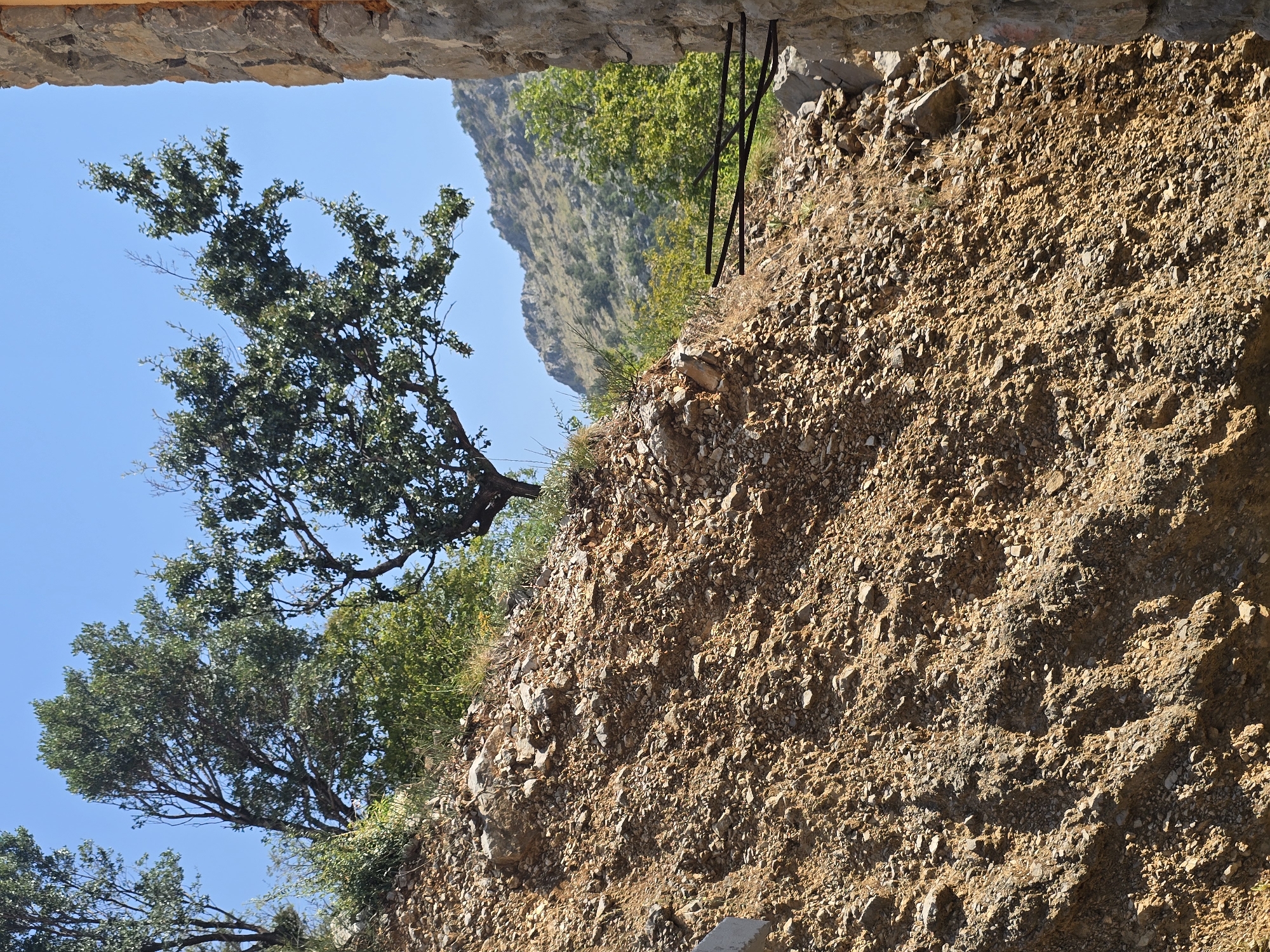 The image depicts a steep, rocky hillside with scattered trees and sparse vegetation under a clear blue sky. In the foreground, a substantial portion of the frame is occupied by the eroded, reddish-brown soil and rocks of the slope. To the left, the lower portion of a light-colored structure is partially visible. Further up the slope, a mature tree with dark green foliage is prominent, its branches reaching towards the sky. In the background, rolling, verdant hills rise, suggesting a mountainous or rugged terrain. To the far right, a section of a stone wall, constructed with large, rough-hewn blocks, frames the scene, hinting at an ancient or dilapidated structure. There are no people visible in the image. The overall impression is one of a natural, somewhat untamed landscape, possibly on the outskirts or in the vicinity of a settlement. This scene is consistent with the rugged, hilly terrain surrounding Podgorica, Montenegro, where such natural landscapes are common.