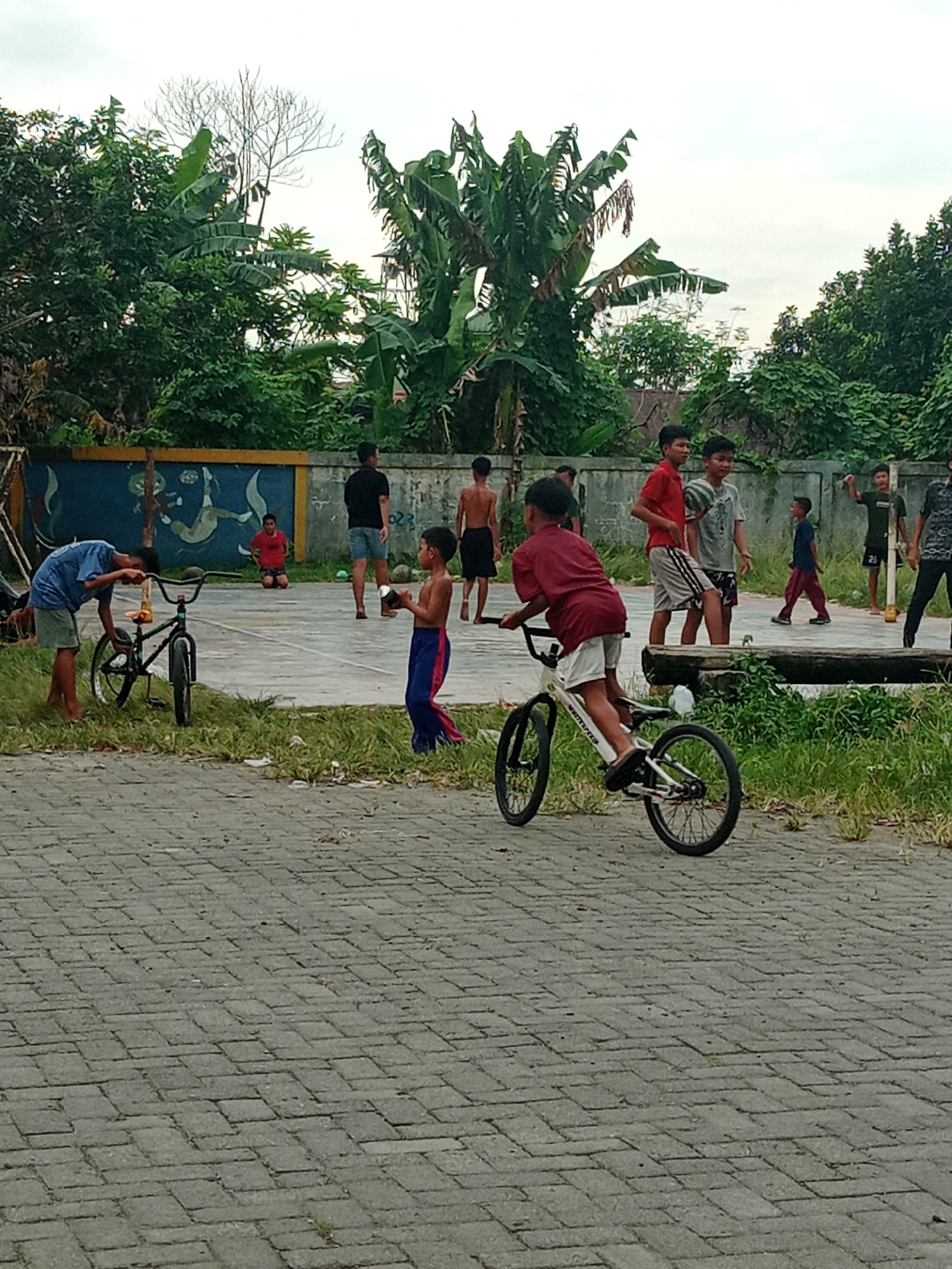 This image captures an outdoor scene in the city of Binjai, Indonesia, likely on a basketball court or similar paved area surrounded by greenery and trees. In the foreground, a young boy is riding a white BMX bicycle. Behind him, another young boy in a blue shirt and green shorts is bending over a black bicycle. In the mid-ground, several other children and young men are visible on the court. One boy in a red shirt is holding a basketball, and another is wearing a gray t-shirt. Further back, more figures are present, some appearing to be playing or observing. The background features lush tropical foliage, including banana trees, and a wall decorated with a mural. The sky is overcast. The overall impression is of a casual recreational gathering.