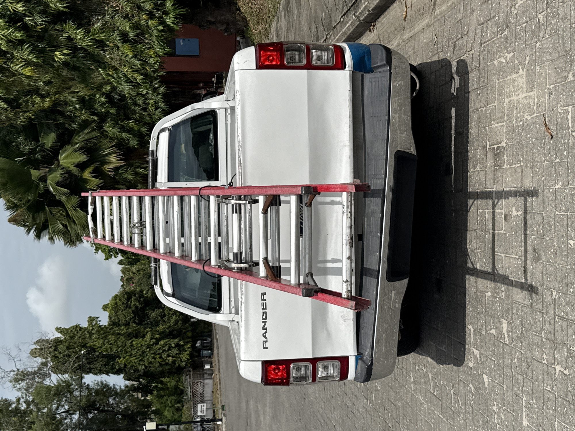 A white Ford Ranger pickup truck with a red and silver ladder secured in its bed is the central subject of this image, captured from a slightly elevated rear perspective. The truck is parked on paved ground, which appears to be made of cobblestones or interlocking concrete blocks.
The white pickup truck features "RANGER" prominently written in black capital letters on its tailgate. The rear of the truck displays red taillights, clear reverse lights, and a blue strip on the side of the tailgate, above a chrome bumper. The red ladder extends lengthwise over the truck bed, with its red side rails contrasting with the truck's white body and the silver rungs of the ladder. It is secured with straps or clamps, indicating it is being transported.
The scene is set outdoors under bright daylight, casting distinct shadows of the truck and surrounding objects onto the pavement, suggesting the sun is fairly high. The sky, visible in the background, is partly cloudy. Lush green foliage, including dense trees and several palm trees, forms the background, consistent with a tropical or subtropical environment like Lekki, Nigeria. The overall impression is that of a work vehicle parked in an outdoor, possibly commercial or residential, area. No people are visible.