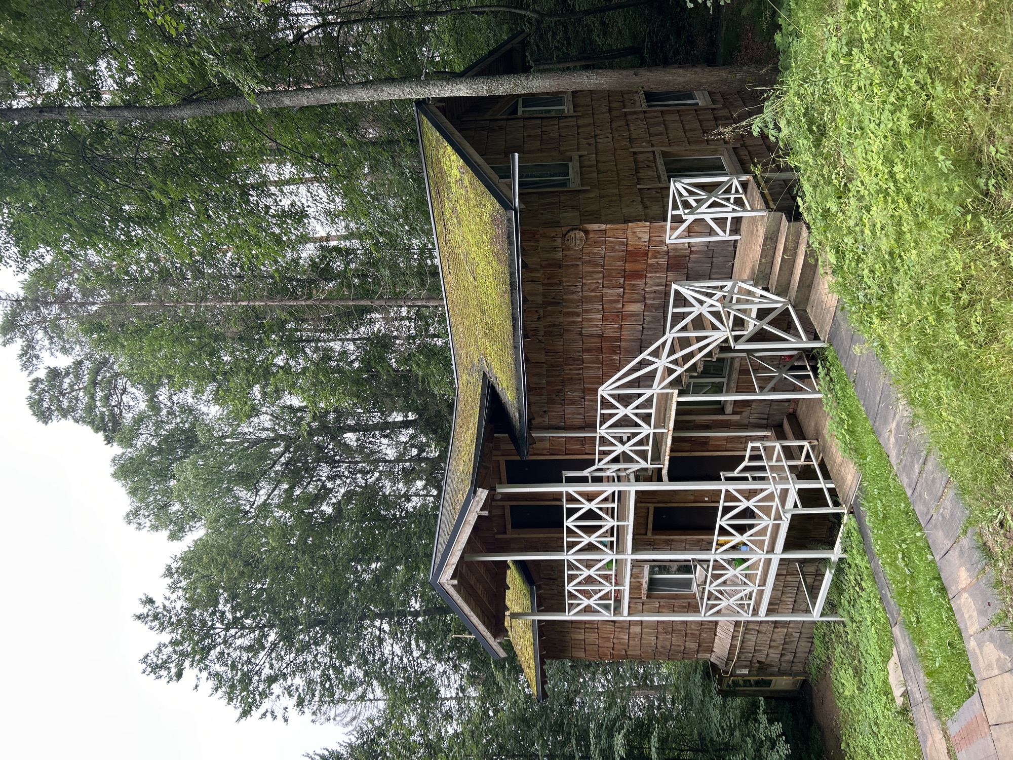 The image shows a two-story wooden house with a moss-covered roof, surrounded by dense forest. The house has white railings on its balconies and stairs. The exterior walls are covered with wooden shingles. A path made of stone slabs and grass leads up to the house. The environment appears to be natural and overgrown, suggesting a remote location. The scene is devoid of any people or visible activity. The lighting indicates an overcast day.