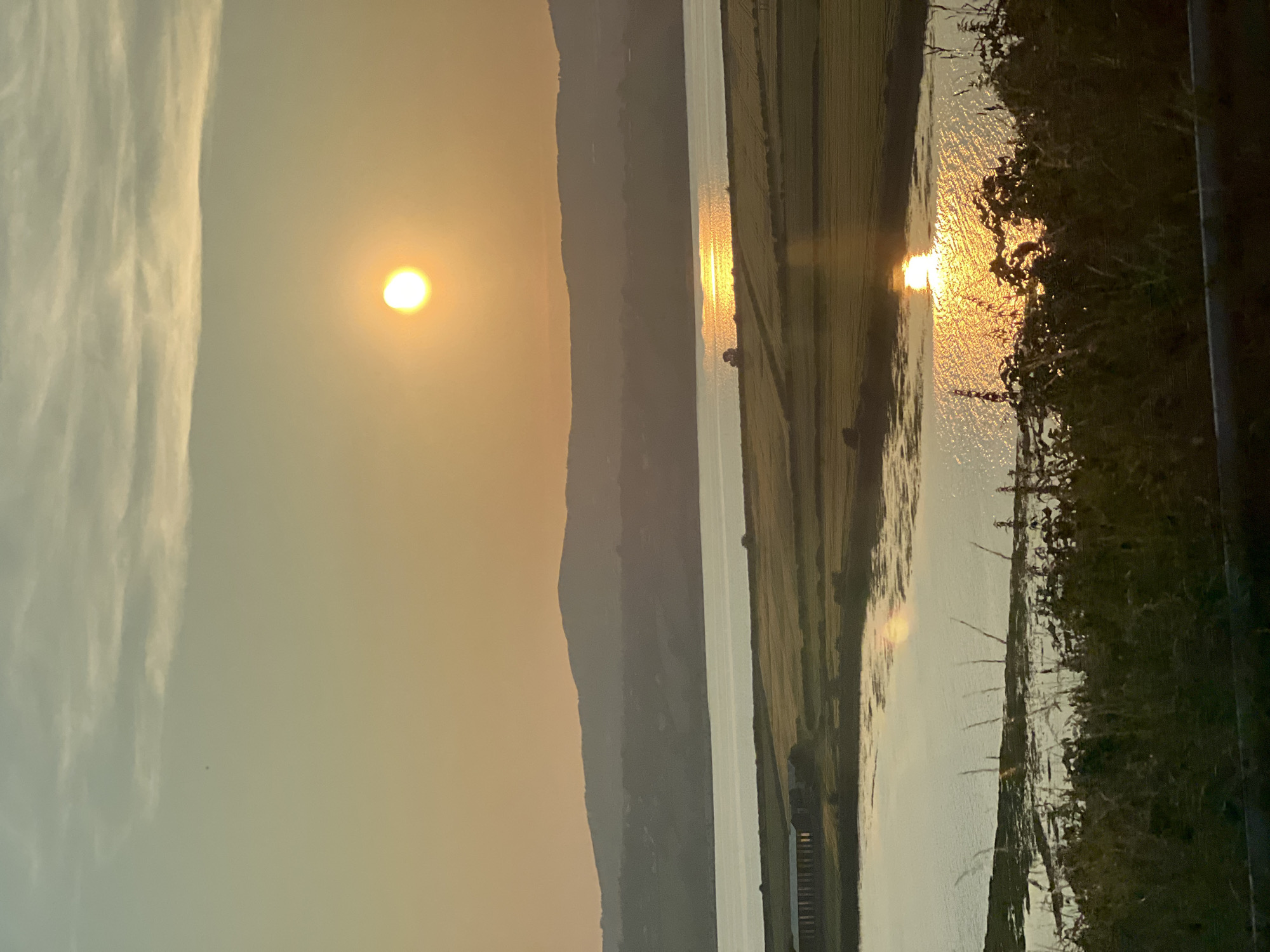An aerial-view long shot captures a sunset over a body of water, with hills in the background. The sun, a bright orange disc, is positioned high and slightly to the right of the frame, casting a shimmering golden reflection on the water. The water is calm, with a textured surface due to the reflection of the sun. In the mid-ground, there are fields with a light green hue, bordered by water and land. A long, rectangular building with a dark roof and visible supports is situated on the left side of the mid-ground, near the water's edge. The background consists of layered, silhouetted hills that fade into a hazy sky. The sky transitions from a pale yellow near the horizon to a soft blue at the top. The foreground is dominated by dark, out-of-focus vegetation, including grasses and leaves, creating a natural frame for the scene. The overall atmosphere is serene and peaceful, characteristic of a rural landscape at dusk. The scene appears to be of the River Swilly, with the hills of County Donegal in the background, likely captured from a vantage point near Letterkenny, Ireland.