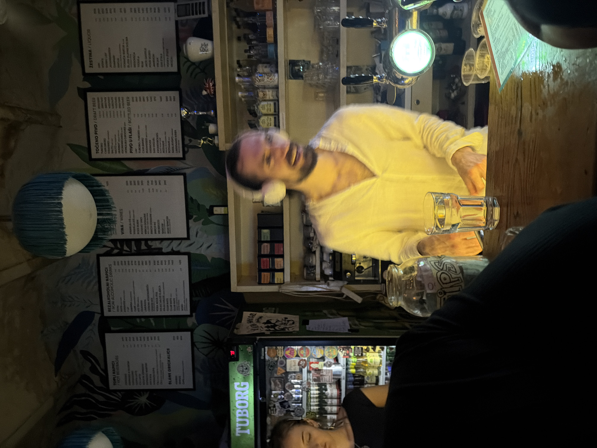 This image captures an indoor bar scene in Belgrade, Serbia, characterized by dim lighting and an eclectic decor.
In the foreground, the back and shoulder of a patron wearing a dark shirt are visible, seated at a wooden bar counter. On the counter, a large glass jar labeled "Tips" (partially visible) is present, filled with currency. To its right, a tall glass of water stands, and further right, two beer taps are seen, one illuminated with a prominent green light. A glowing, green-tinted menu is also visible on the counter.
Behind the bar, a blurred male bartender, with a beard and wearing white headphones and a white open-collared shirt, smiles and appears to be in motion, looking towards the right. His hands are near the counter. To the left of the bartender, a female individual with dark hair, wearing a dark top, is partially visible, looking downwards, standing next to a green-lit "TUBORG" branded refrigerator. The refrigerator is stocked with bottles and adorned with numerous stickers.
The background wall features dark green wallpaper with large, stylized tropical leaf patterns. Four black-framed menu boards are mounted on this wall. From left to right, they list: "TOPLI NAPICI / HOT BEVERAGES" and "SLANE GRIČKALICE"; "BEZALKOHOLNI NAPICI / NON ALCOHOLIC DRINKS"; "VINA / WINES", "TOČENO PIVO / DRAFT BEER", and "PIVO U FLAŠI / BOTTLED BEER"; and "ŽESTINA / LIQUOR". The text on these menus is predominantly in Serbian, with English translations for categories.
Above the shelves behind the bar, various bottles of spirits and glassware are arranged, along with decorative items including small trophies, a miniature Union Jack flag, and a white, lidded vase. Part of an espresso machine is also visible on a lower shelf. A large ceiling light fixture with a blue fringed shade hangs from the exposed concrete ceiling. The overall lighting creates a warm, somewhat hazy ambiance.