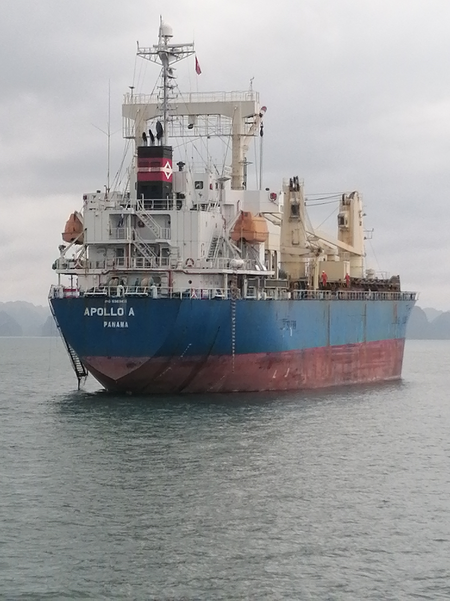 The image displays the stern and starboard side of a large cargo ship, named "APOLLO A," which appears to be at anchor or drifting in calm, grey-green water. The ship features a blue hull above the waterline, a reddish-brown antifouling paint below, and a white, multi-deck superstructure.
Visible on the stern of the vessel are its name, "APOLLO A," and its flag state, "PANAMA." A partial IMO number, starting with "IMO 9," is also faintly visible above the name. The superstructure includes various windows, stairs, and balconies. A tall mast rises from the top of the superstructure, equipped with radar and communication antennas, and flies a small red flag. The ship's funnel is distinct, colored black with a red band, and bears a white emblem resembling a star within a diamond shape.
On the ship's deck, several cargo cranes are visible, along with orange lifeboats mounted on the side. Two small figures, identifiable as people wearing red safety suits or coveralls, are standing on the deck near the ship's midsection. A gangway or ladder hangs from the stern, extending down into the water.
The scene takes place on an overcast day, with a uniformly cloudy sky. In the distant background, hazy, mountainous islands or karst formations are visible, characteristic of the coastal environment found in Hong Gai Ward, Vietnam. The water surface is relatively smooth with gentle ripples.