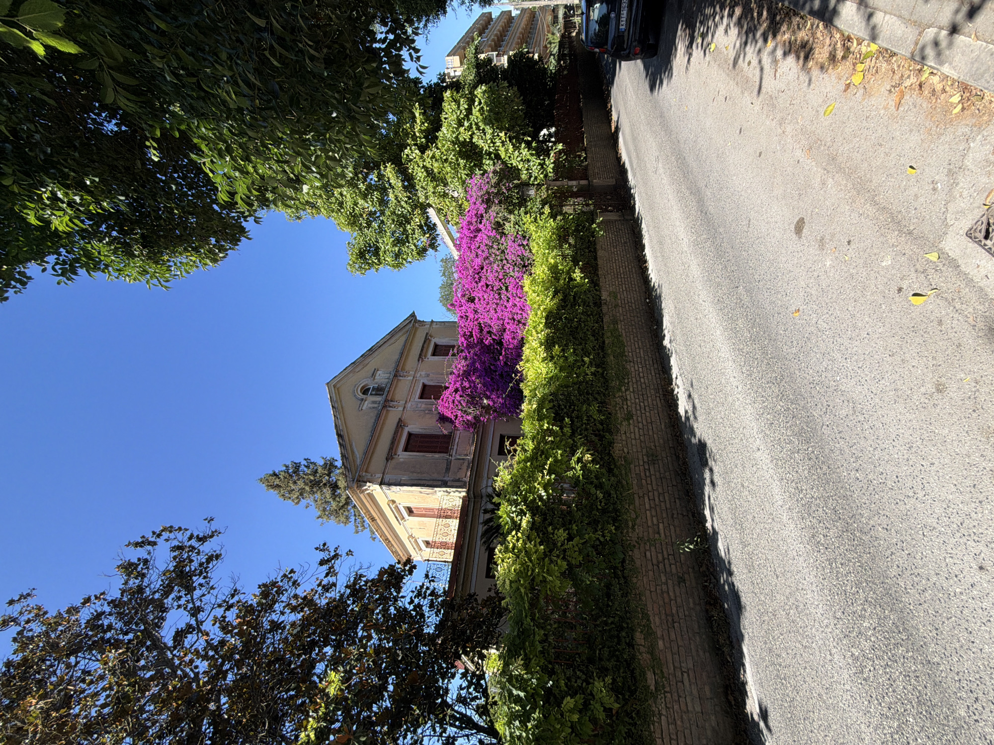 The image depicts a sunlit, residential street scene in Corfu, Greece. A two-story, ochre-colored historic villa with red window shutters and an ornate iron-railed balcony stands prominently on the left, partially obscured by a dark-leafed tree. The villa features a gabled roof and a small arch window on its upper facade. Vibrant purple bougainvillea in full bloom densely covers the front of the villa and spills over a low brick wall topped with bright green foliage, which separates the property from the asphalt road. A tall, slender conifer rises behind the villa. On the right side of the frame, a multi-story building with balconies is partially visible through large green trees. A dark-colored compact car, bearing Greek license plate `KYT 1532` (identifying it as registered in Corfu), is parked on the far right shoulder of the grey asphalt road. Scattered yellow leaves and shadows from unseen trees are visible on the road surface. The sky is clear and bright blue, indicating a sunny day. No people are present.