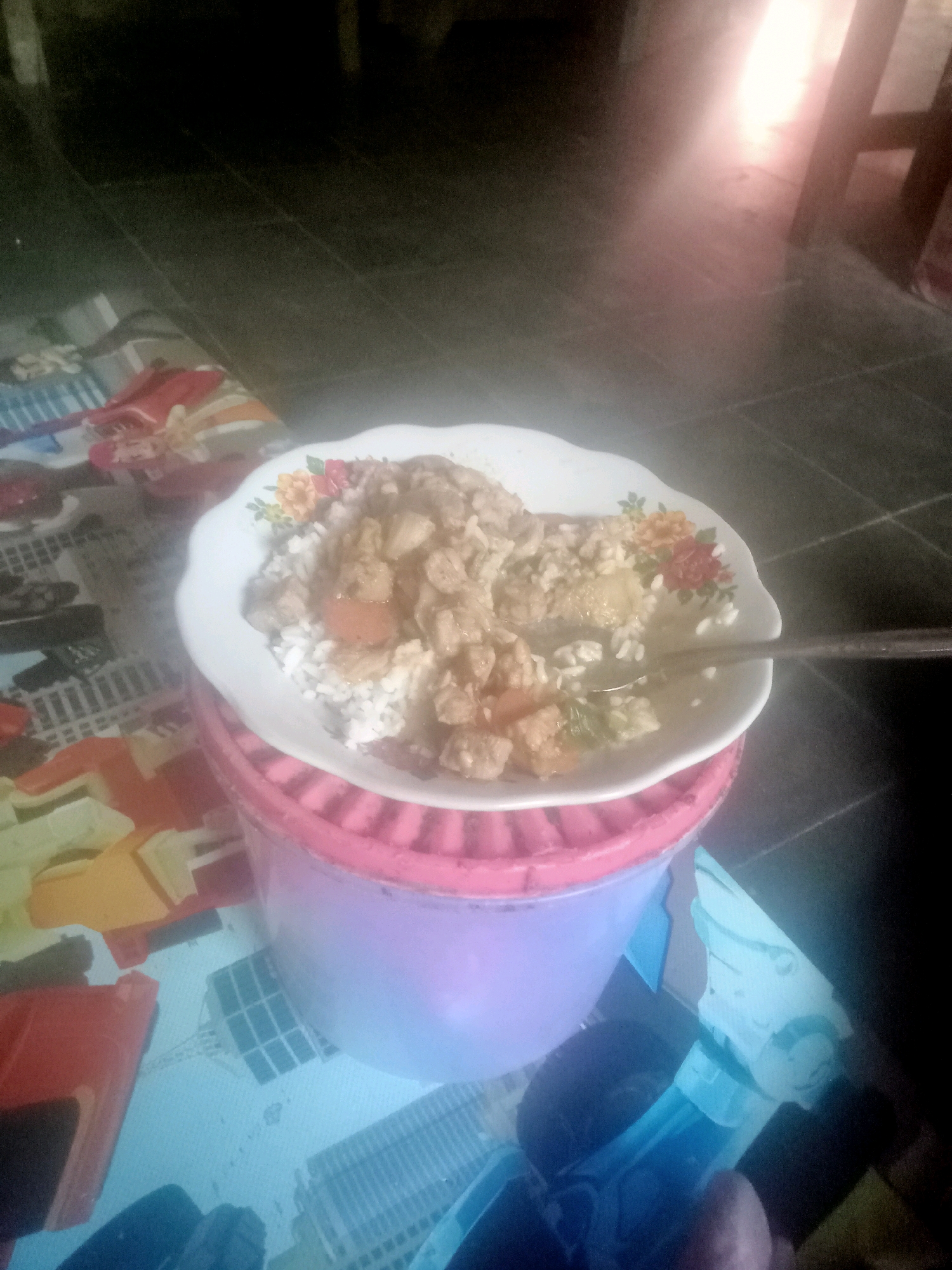 A close-up shot shows a white plate filled with rice and a stew of meat and vegetables. The plate has a floral design around the rim. It rests on a pink and purple plastic container. The background is out of focus, with hints of a dark, tiled floor and some colorful objects on a table. The lighting suggests an indoor setting, possibly a home or a modest eatery, with a bright light source contributing to lens flare in the upper right corner. The overall scene depicts a simple meal, likely in the city of Dukuhlo, Indonesia, given the prompt's context. There are no people clearly visible in the image, but the presence of a spoon in the plate indicates someone was eating or is about to eat. The focus is entirely on the food and its immediate surroundings.